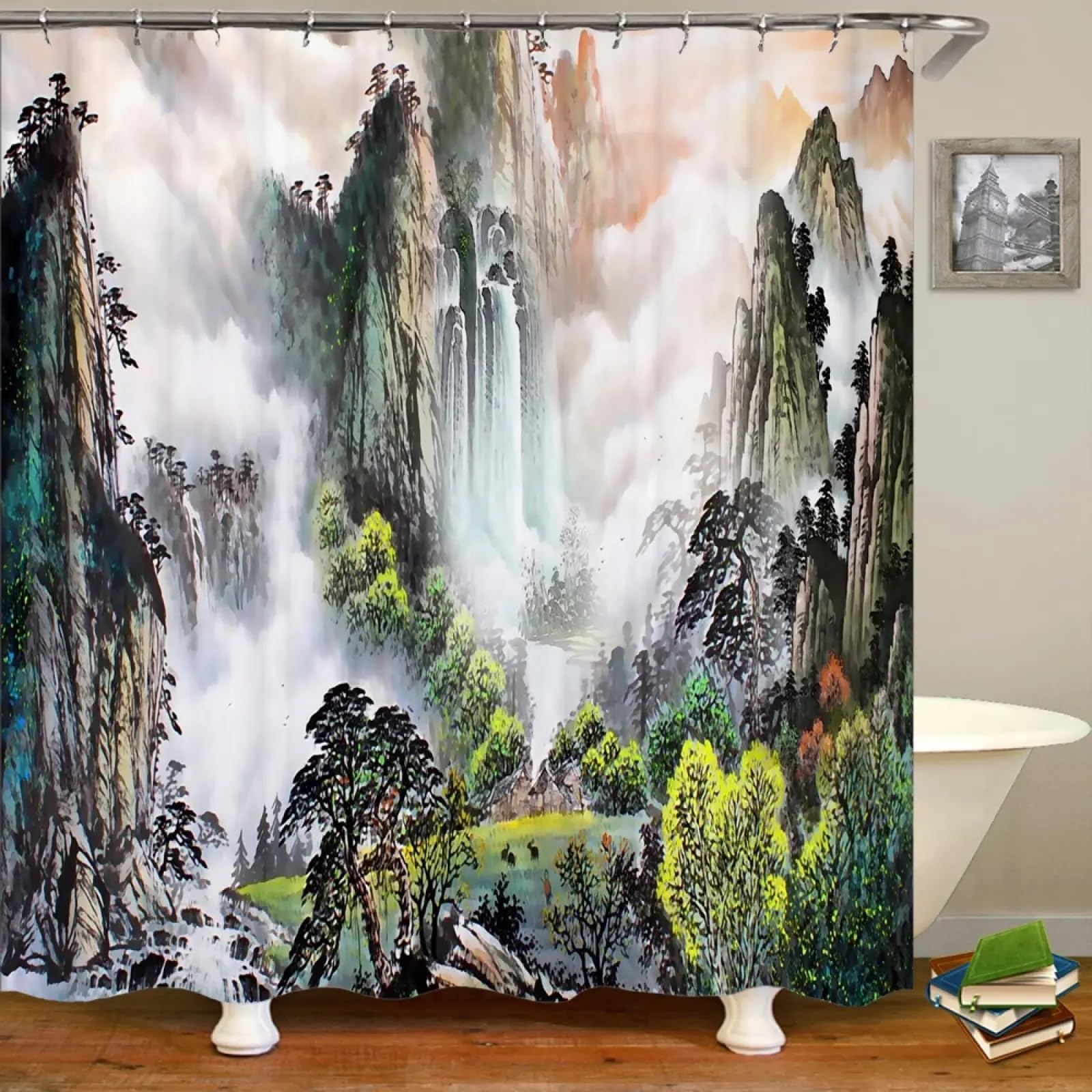 Rideau de douche imperméable anti-éclaboussures 166x150cm motif cascade naturelle 3D