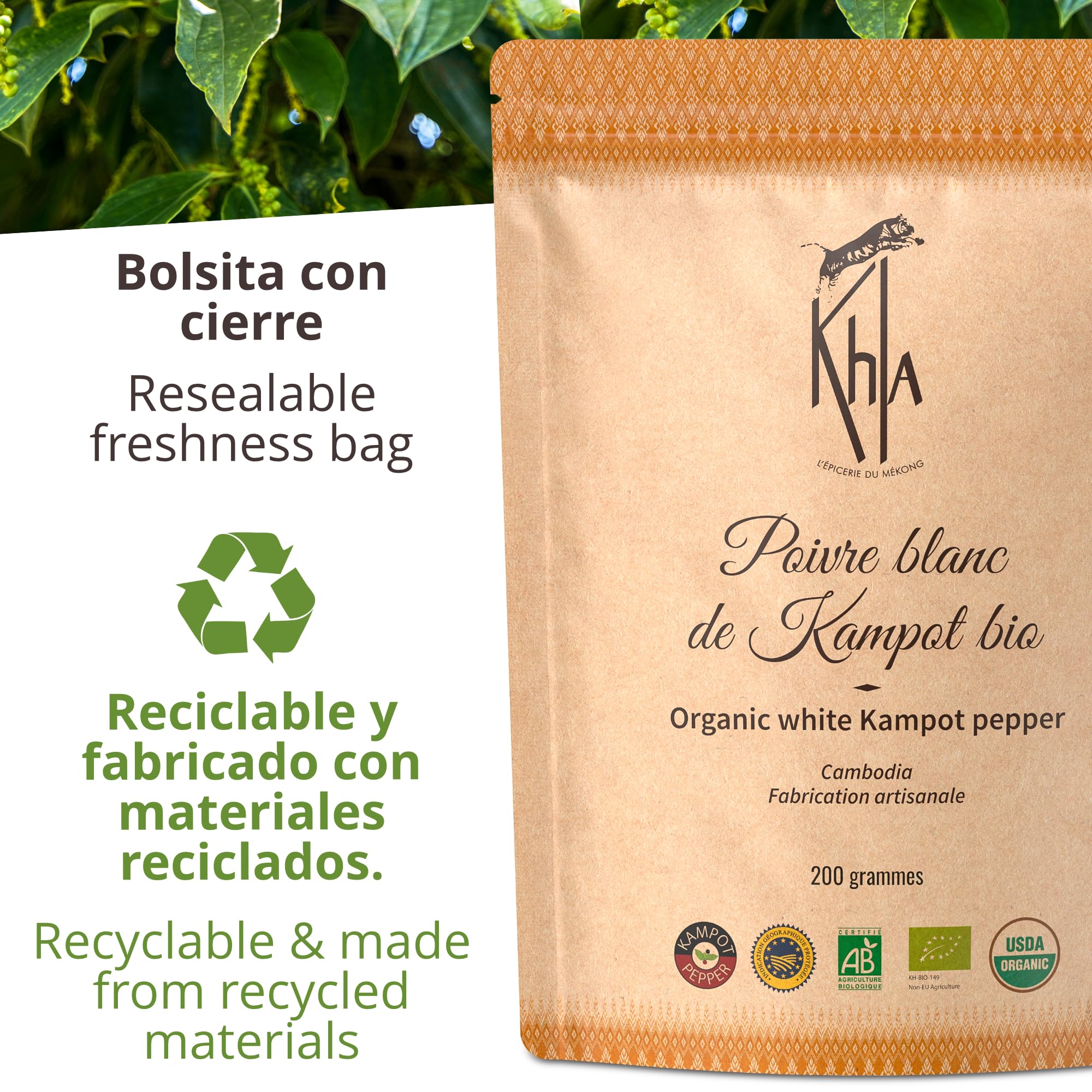 Khla - Pimienta Blanca de Kampot Orgánica 200g - Pimienta en Grano - Fuerte y Potente - Ingrediente de Cocina - Directo del Productor - Especia Asiática - Origen Camboya
