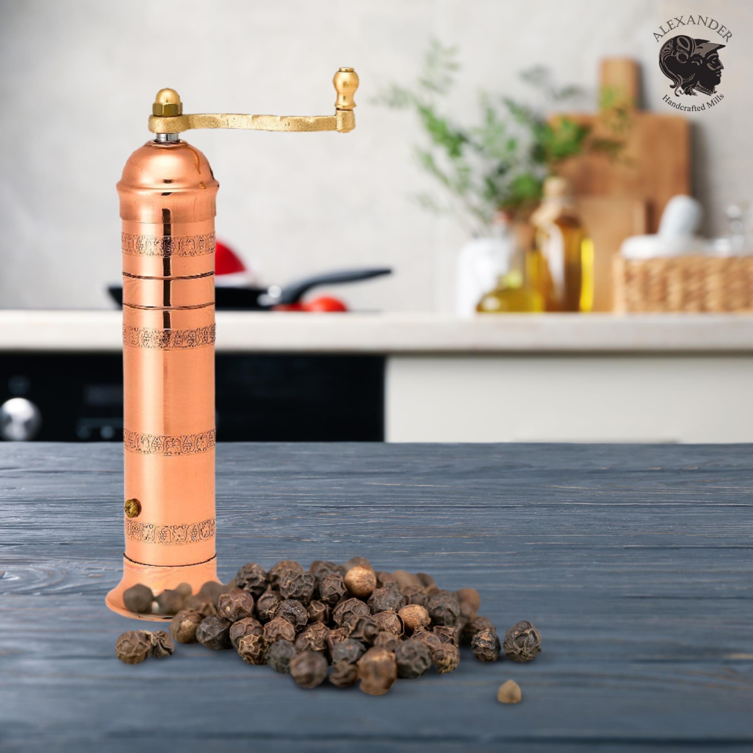 Alexander Mills The Original Greek Upgraded Pepper Mill 9 Inch Tall | Copper Pepper Grinder with Crank Handle | Manual 3DCut Grinding System for Maximum Flavor – Includes 2-Piece Cleaning Brush