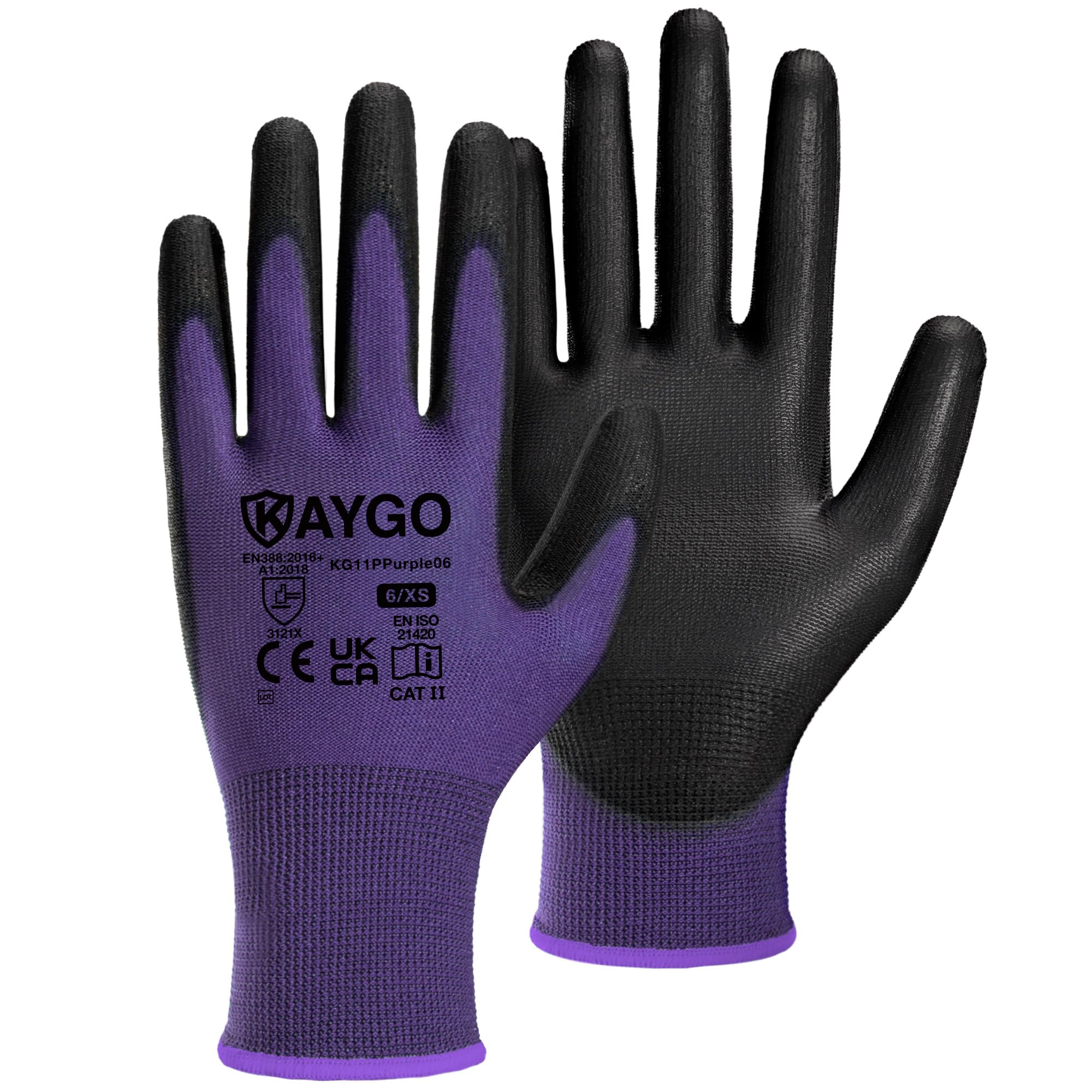 KAYGO Work Gloves PU Coated-12 Pairs, KG11PP, Safety Working Gloves with Secure Grip on Palm & Fingers, for Men and Women, Ideal for General Purpose Light Duty Work, Gardening (X-Small, Purple) — image 1