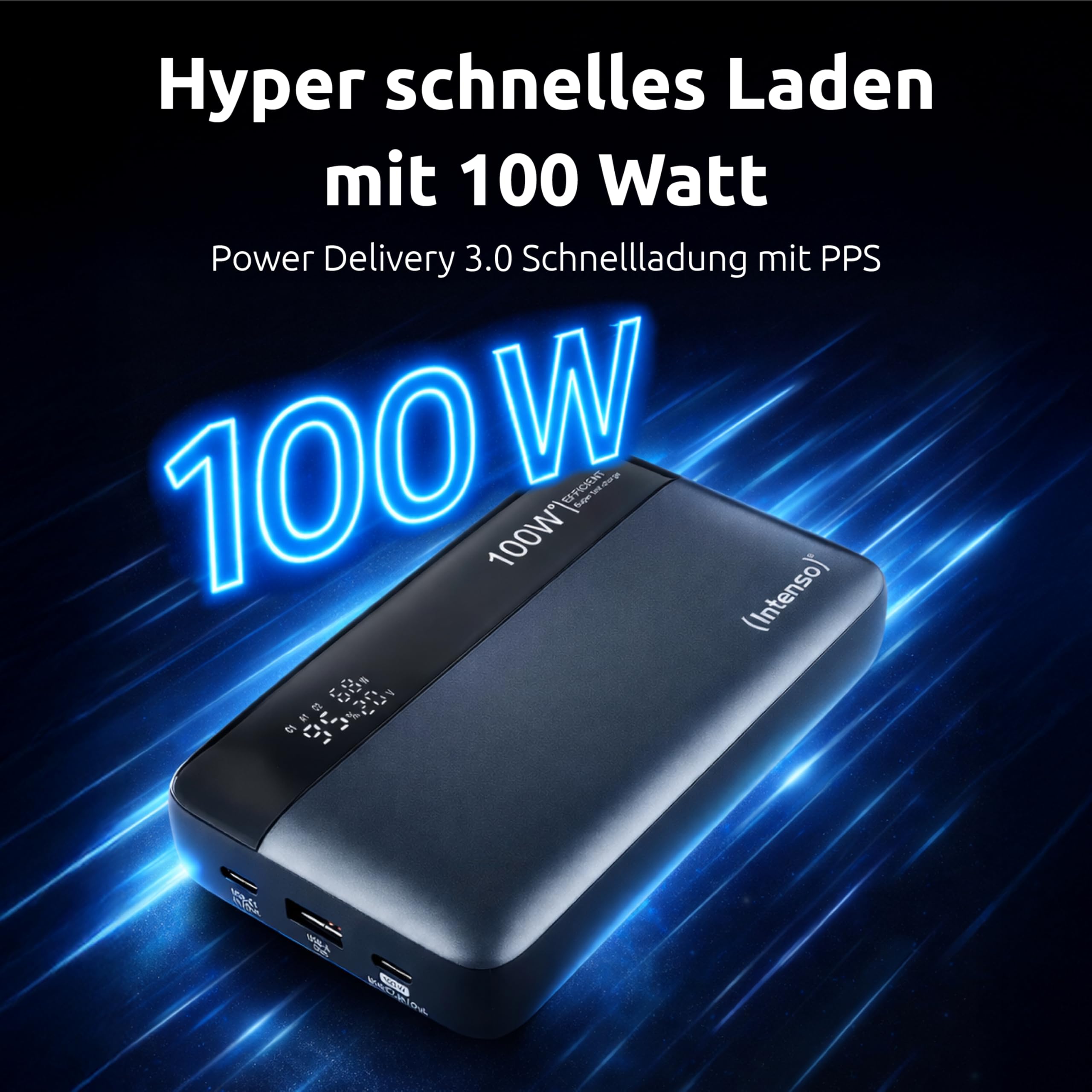 Intenso Powerbank HE20000, batteria esterna con Power Delivery (100 W) e cavo di ricarica USB-C a USB-C, 20000 mAh, colore: Grigio/Nero