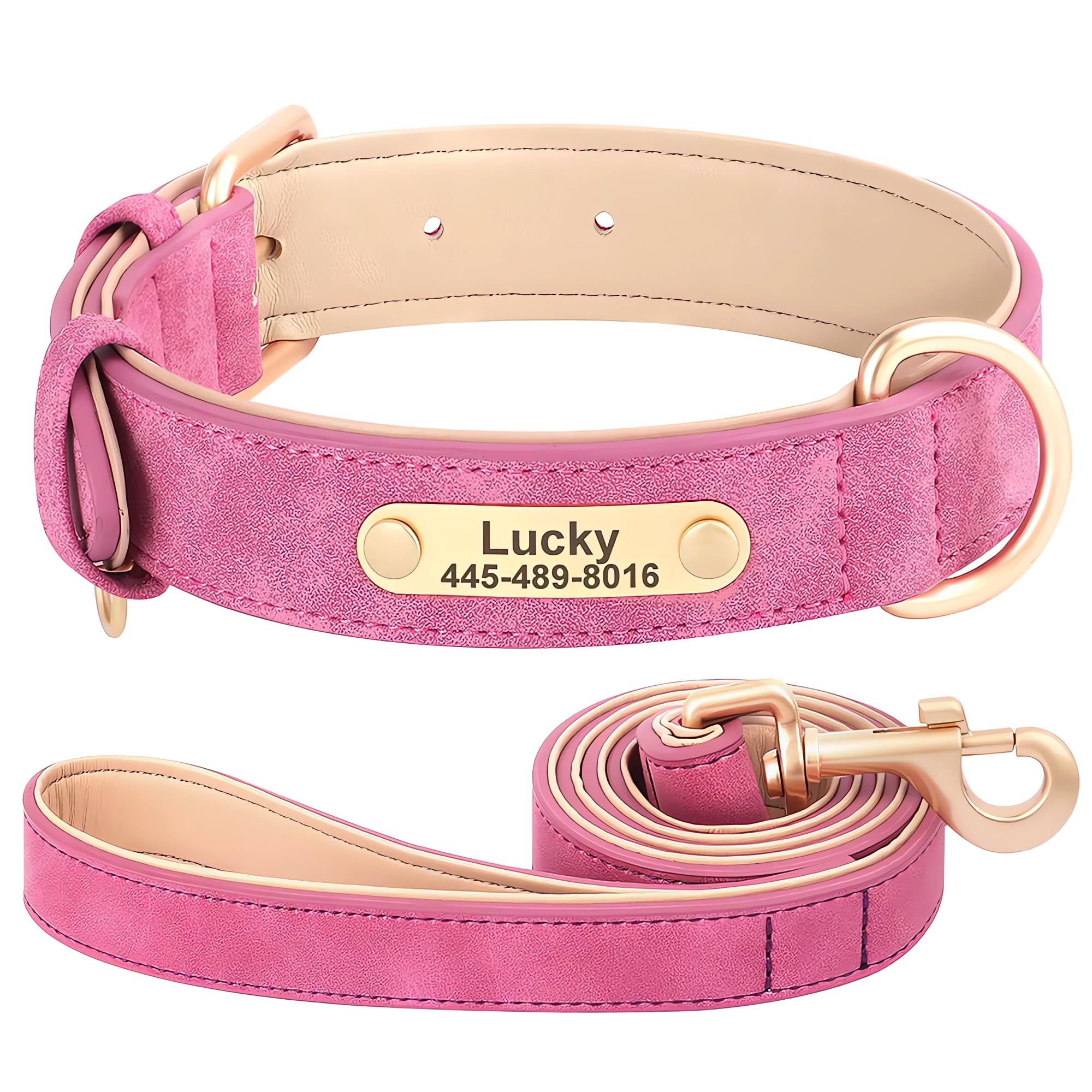 SEOUGEE Personalised Leather Dog Collar and Leash Set, Soft Padded Leather Dog Collars Heavy Duty with Custom Engraved Name Plate Adjustable for Small Medium Large Dogs (S, Rose Set 23-32cm) — image 1