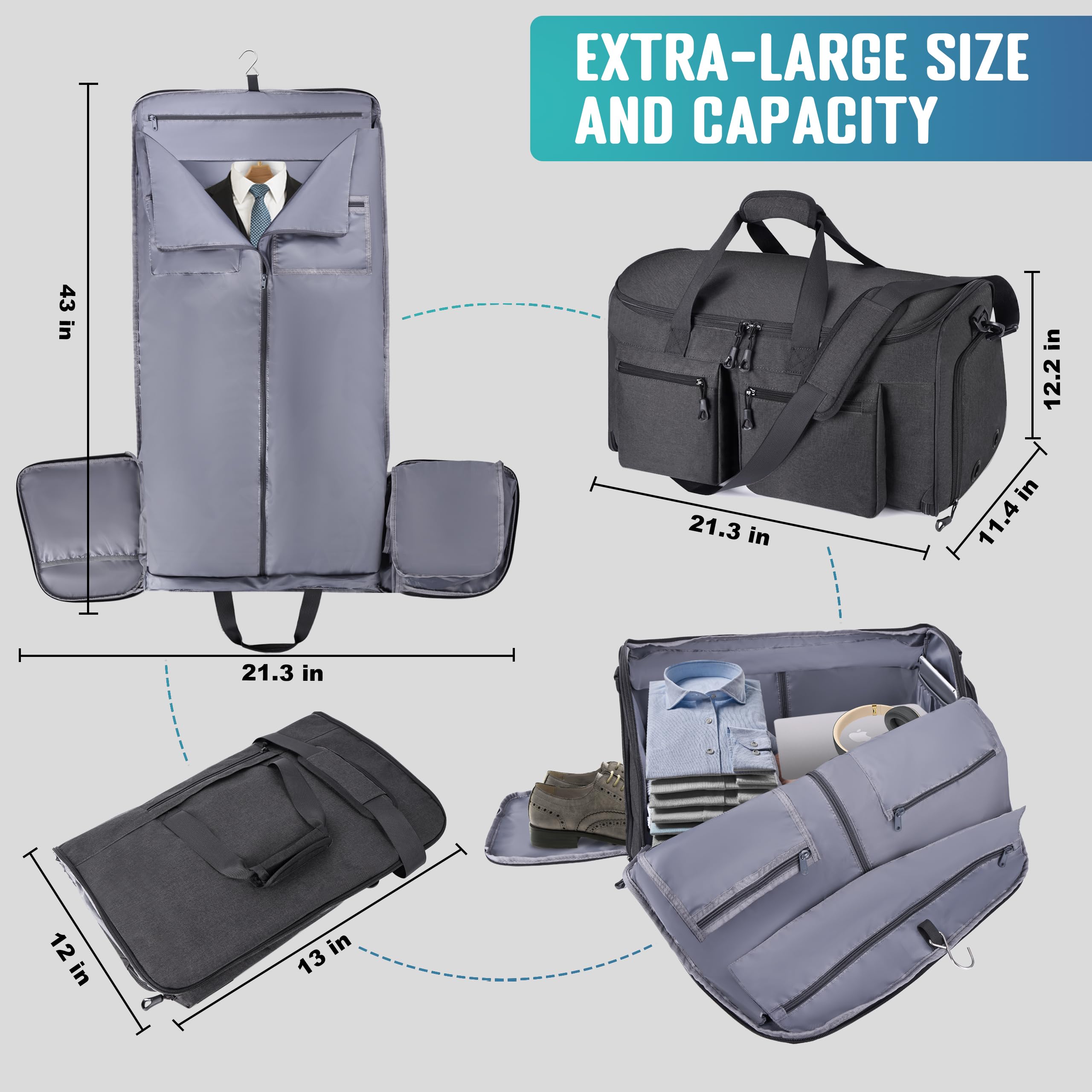 HILOMON Umwandelbare Kleidertasche mit Netz-Aufbewahrungstasche, wasserabweisend, Handgepäcktasche mit Anzugfach, 2-in-1-Hängetasche, Reisetasche, Schwarz, Carry-On 20-Inch, Reisetasche
