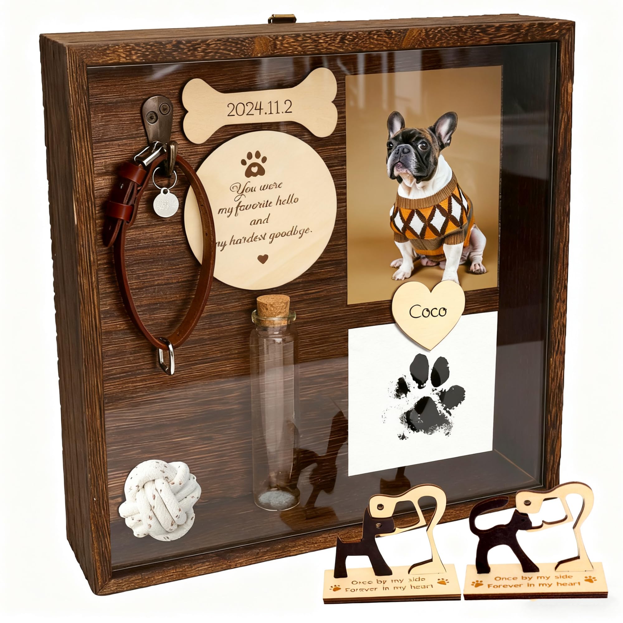 Scatola commemorativa Animali Domestici 8,6''-Porta Collare Cornice Foto,Zampe,Scultura Legno Cani,Barattolo Peli di Animali Domestici,Regalo condoglianze degli,Appendere/Tavolo
