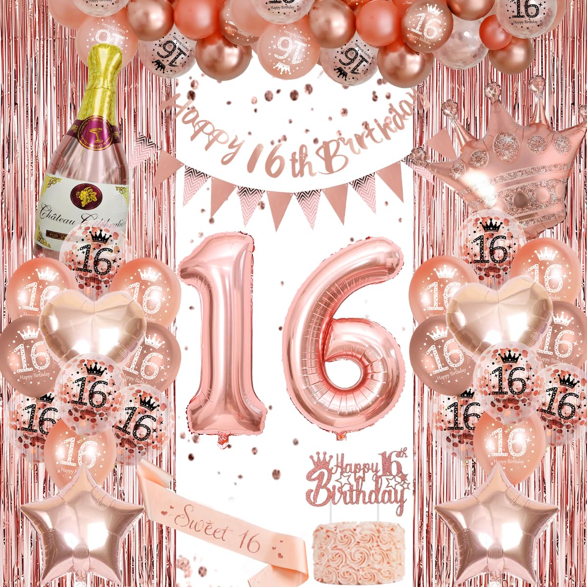 Sweet 16th Birthday Decorations, Rose Gold Birthday Balloons, Girl Party Decorations Set With 16th Banner, Champagne Balloon, Triangle Flag Banner