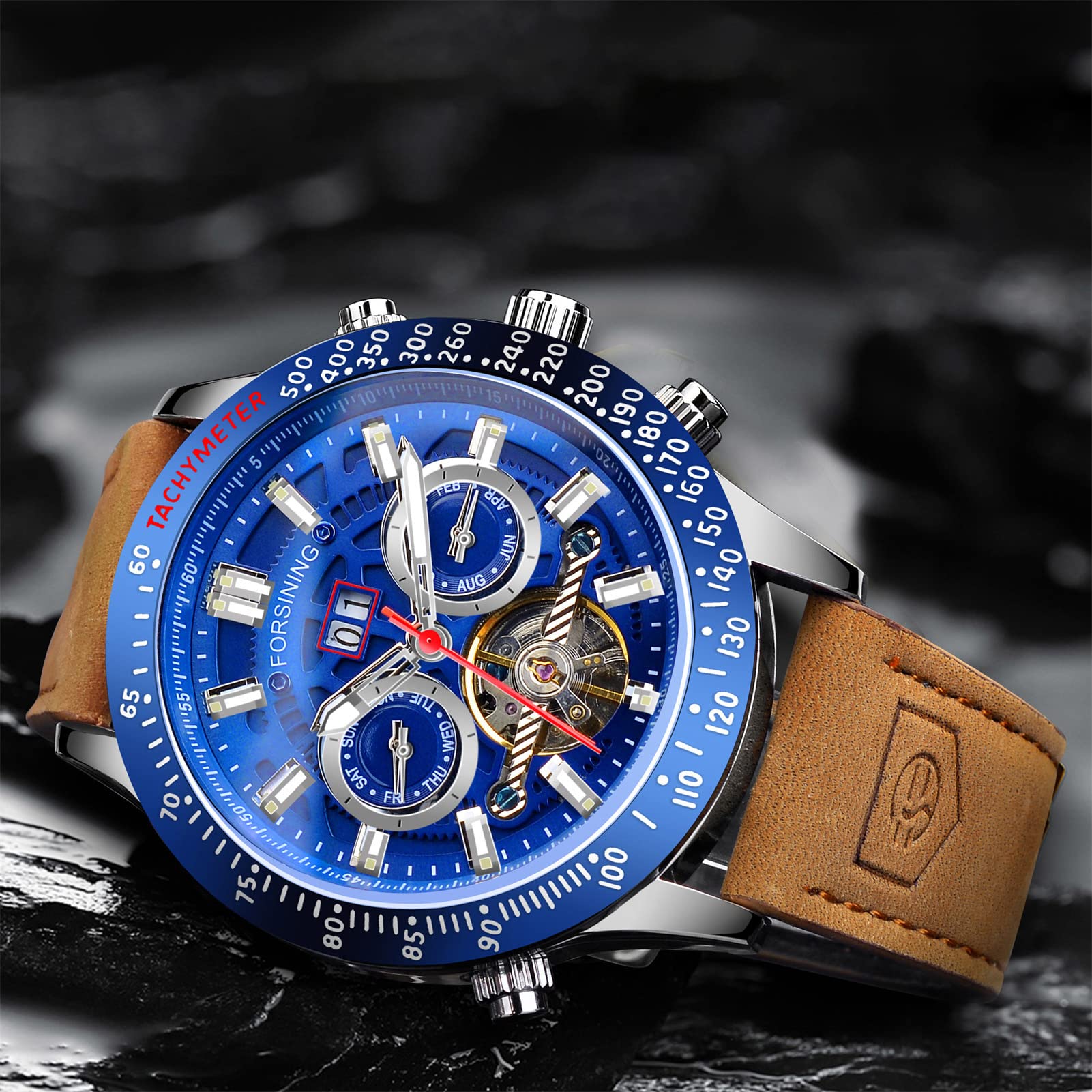 Forsining Herren-Armbanduhr, mechanisch, automatisch, Tourbillon, leuchtende Zeiger, analog, Datum, Luxus, Freizeit, Business, echtes Lederband, blau, Riemen