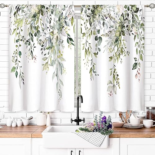 Miniatura 9 de Cortinas de ventana de cocina florales de eucalipto con hojas botánicas sobre el fregadero, estilo bohemio, granja, hojas de flores, tratamiento de