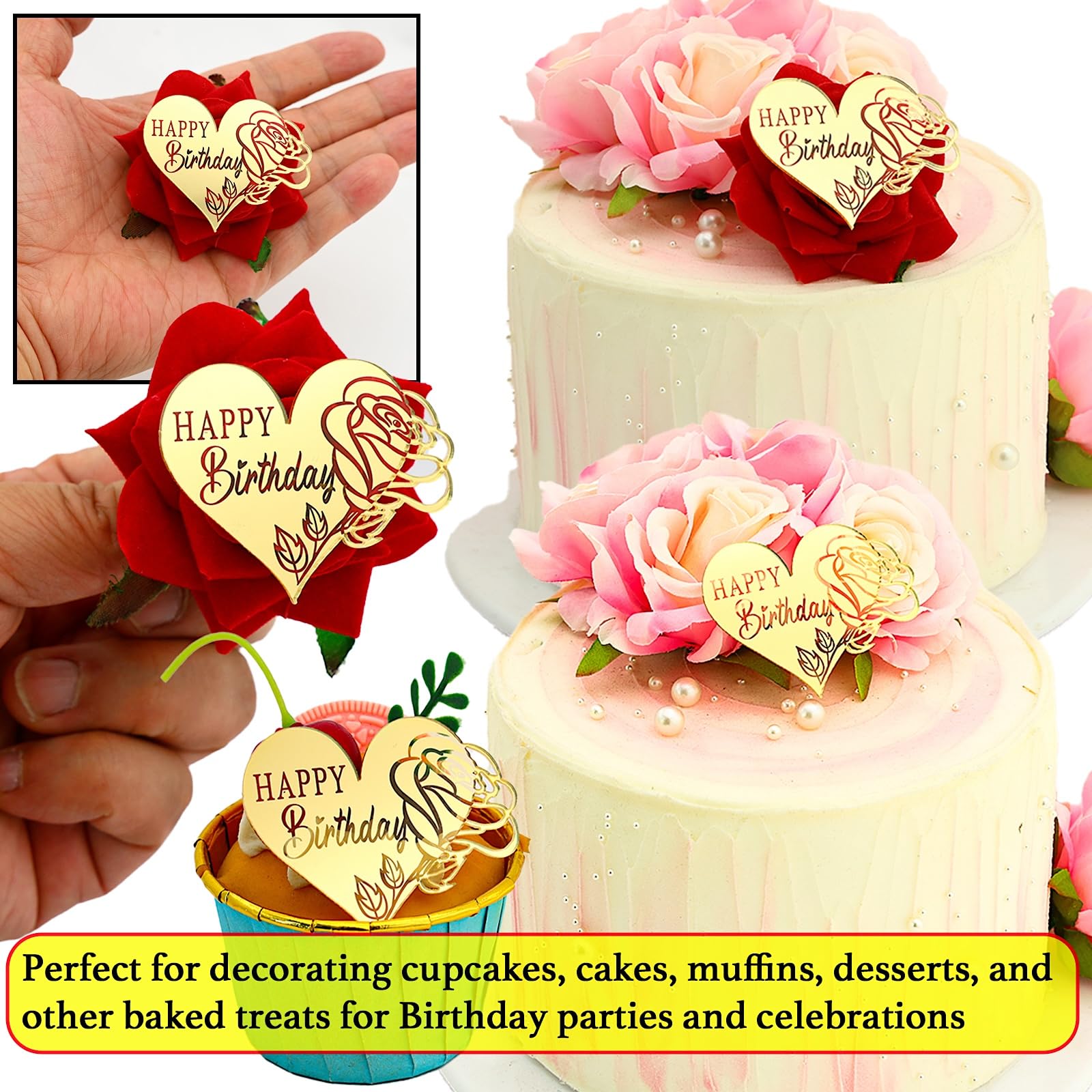 Happy Birthday Cake Decorations, 24 Pieces Gold Mirror Acrylic Toppers, Rose Heart and Butterfly Designs