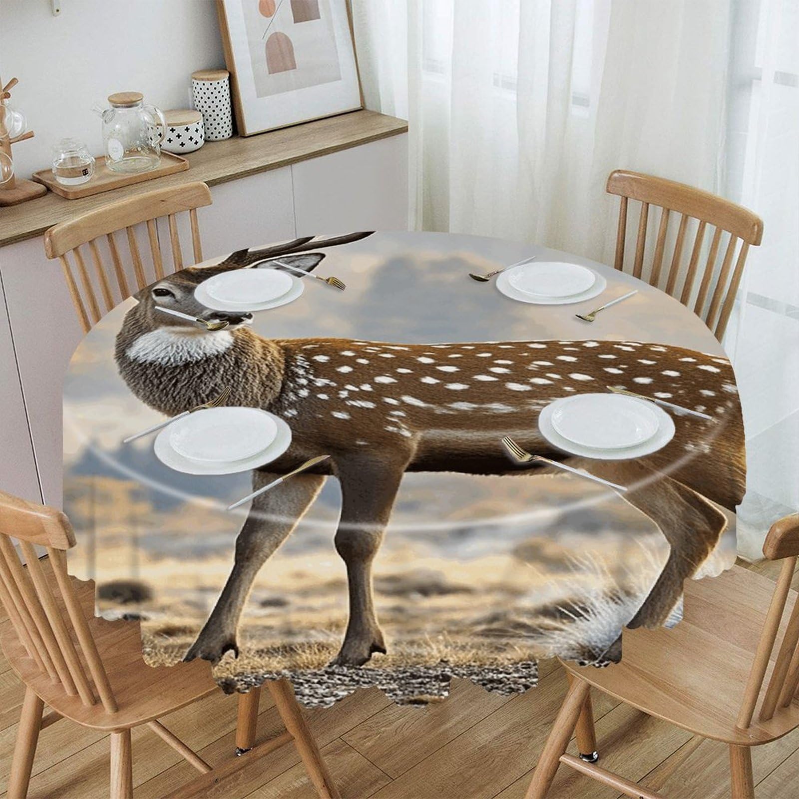 LZQPOEAS Deer Pattern Round Tablecloth Rustic Circle Table Cloth Wrinkle Resistant Decor Tablecloth Waterproof Washable Table Cover for Kitchen Party Dining Table 60 Inch