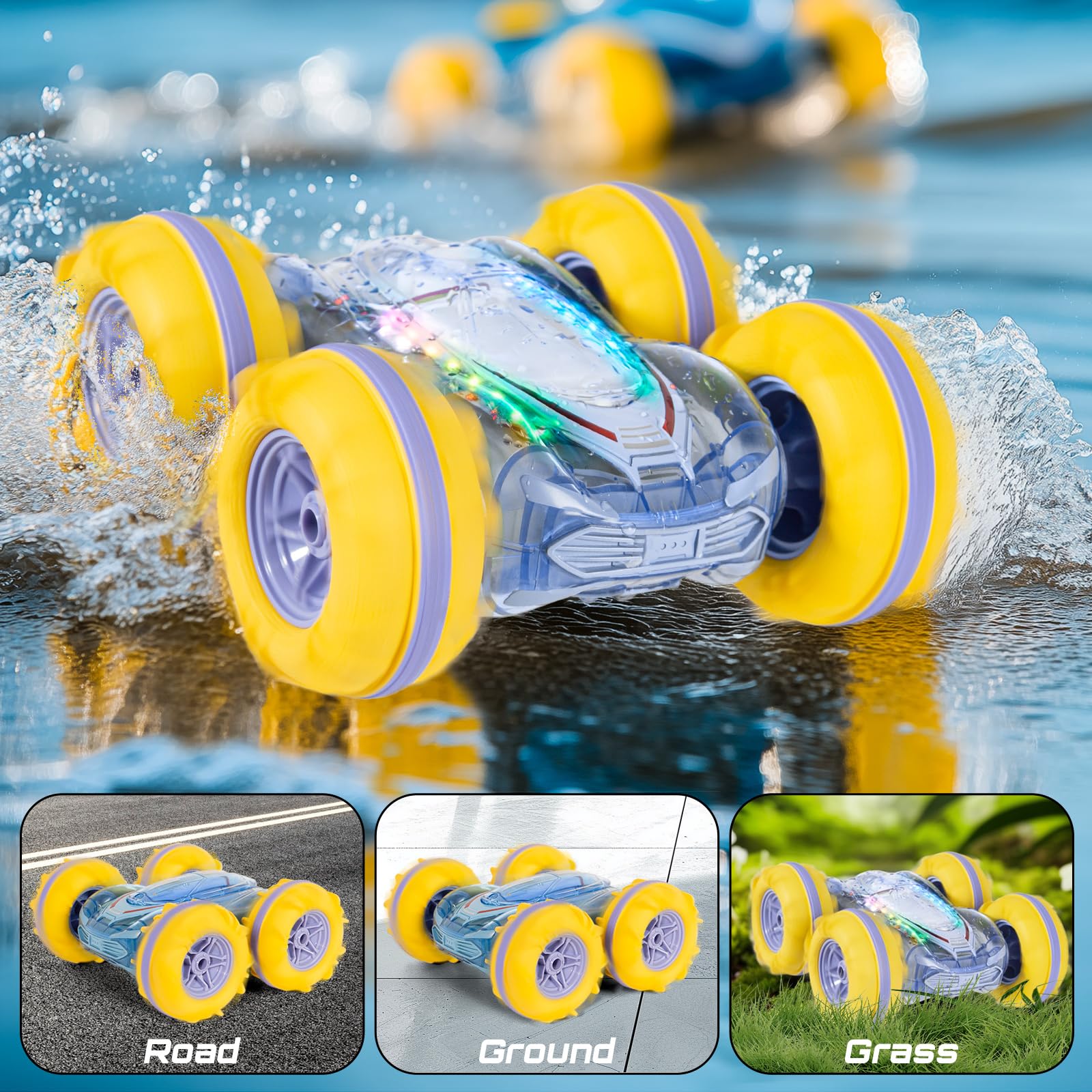 Todeco Veicolo RC Anfibio 4WD, Auto Telecomandata All-Terrain con Rotazione a 360°, Frequenza 2.4GHz e Luci LED, Adatta a Tutti gli Appassionati (blu