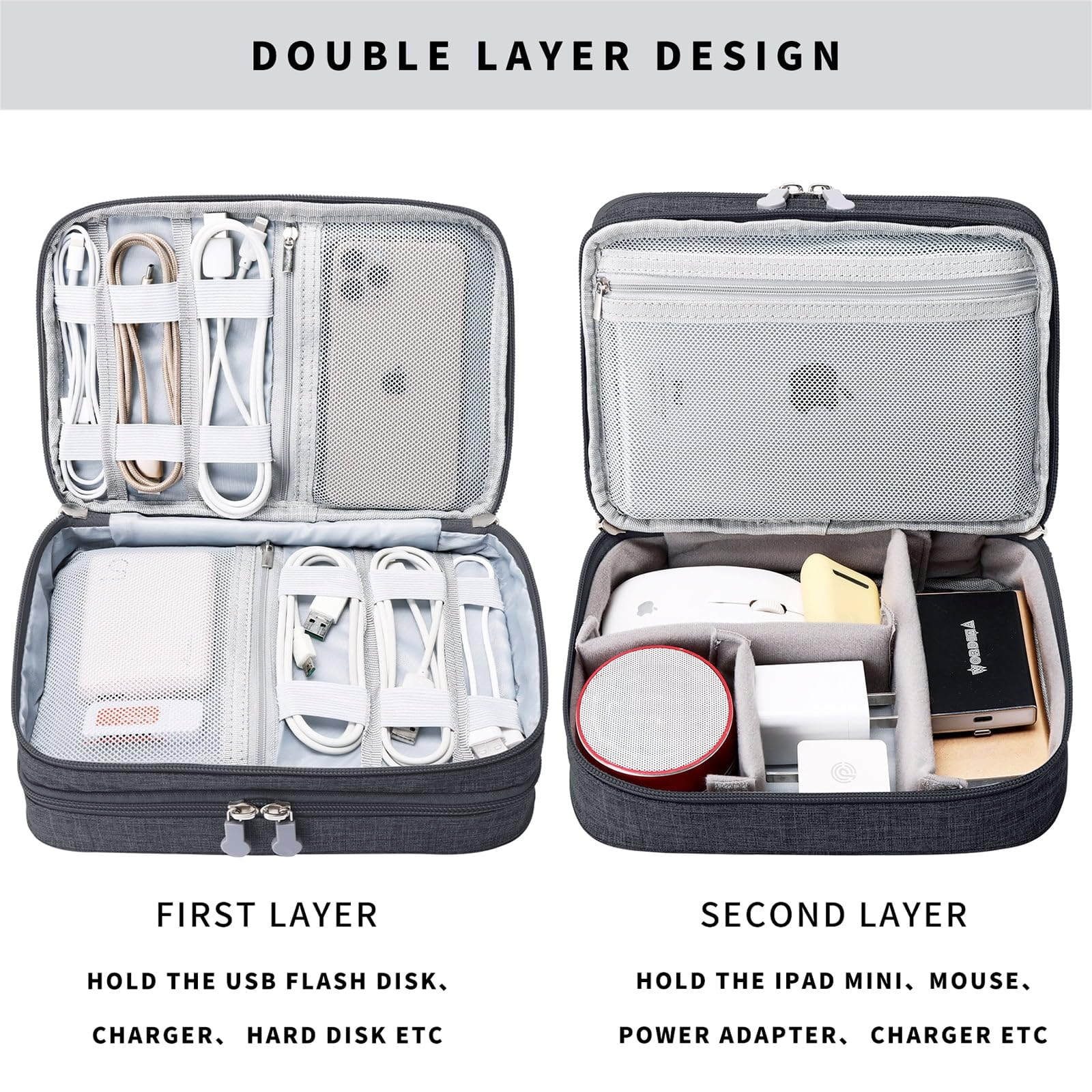 UCRAVO Custodia impermeabile per accessori elettronici a triplo strato, organizer universale per cavi, custodia organizer da viaggio con manico, borsa per il trasporto elettronico per cavo, Flash