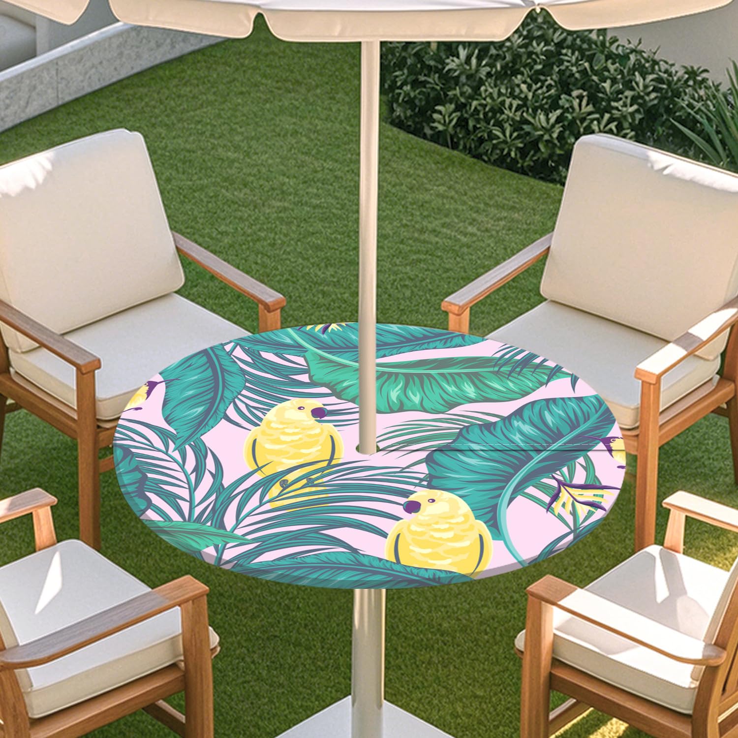 Odot Outdoor Tablecloth with Parasol Hole, Elastic Edge Round Fitted Table Cloth Protector Waterproof,Green Plants Wipe Clean Table Cover for Garden, BBQ, Party (Parrots,M:91-112cm)