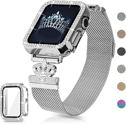 Magnetic Band Compatible with Apple Watch 38mm 40mm 41mm 42mm 44mm 45mm 46mm Stainless Steel Metal Strap with Bling Case and Built-in Screen Protector, Dressy Milanese Loop iWatch Bands for Women