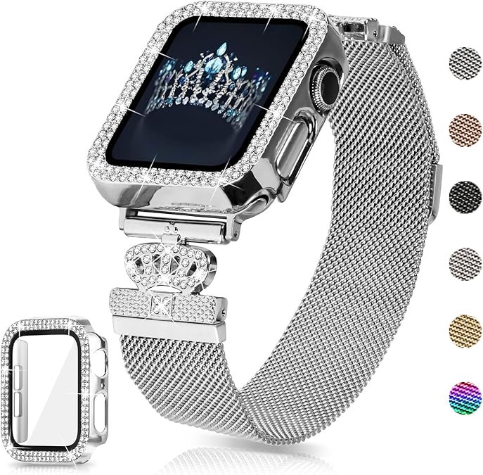 Magnetic Band Compatible with Apple Watch 38mm 40mm 41mm 42mm 44mm 45mm 46mm Stainless Steel Metal Strap with Bling Case and Built-in Screen Protector, Dressy Milanese Loop iWatch Bands for Women