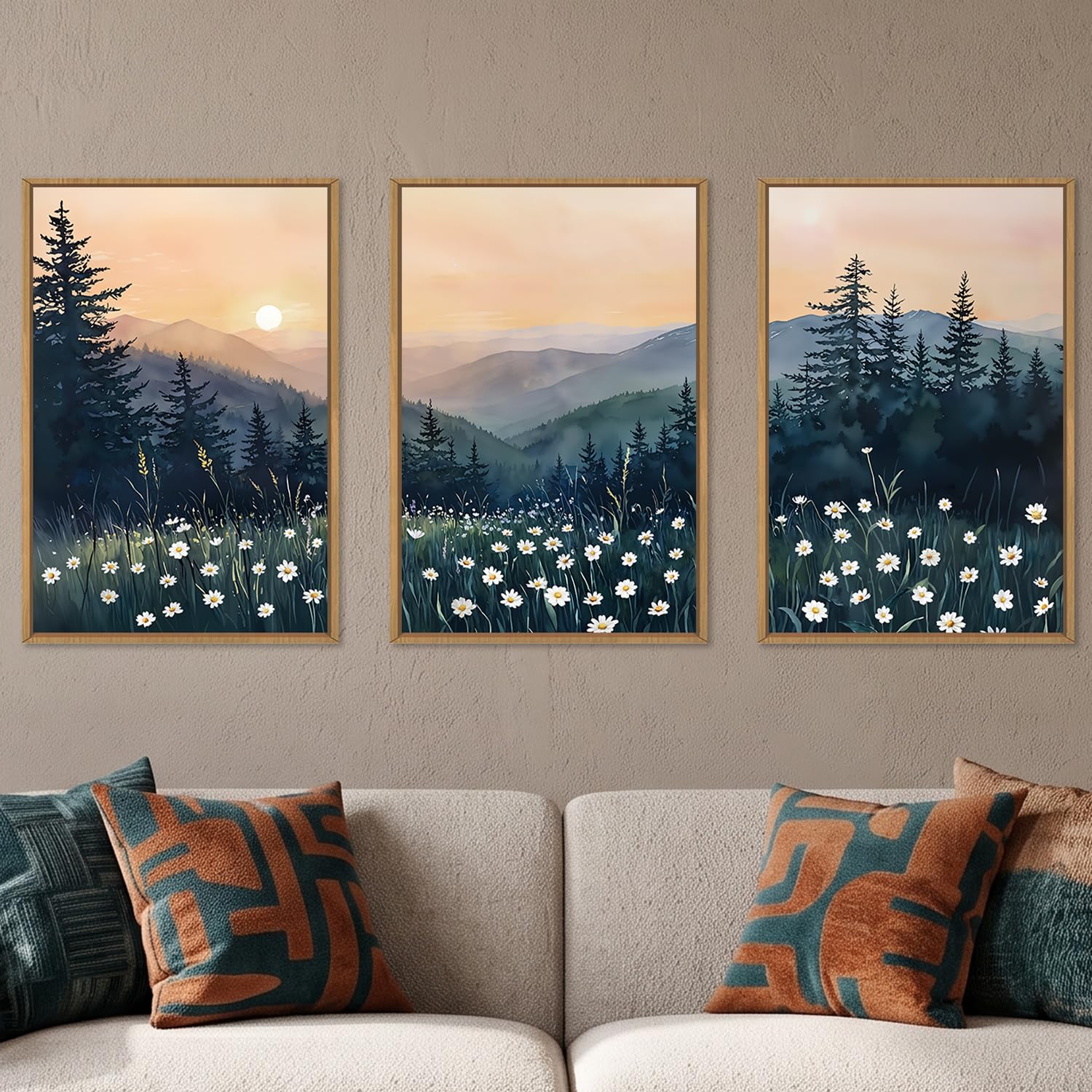 KAIRNE Mountain Floral Landscape Framed Canvas Wall Art Set,Watercolor Forest Wall Decor,Misty Pine Tree Art Prints,Nature Sunset Scenery Artwork for Living Room,Bedroom,Farmhouse,Office-16 x24 x3