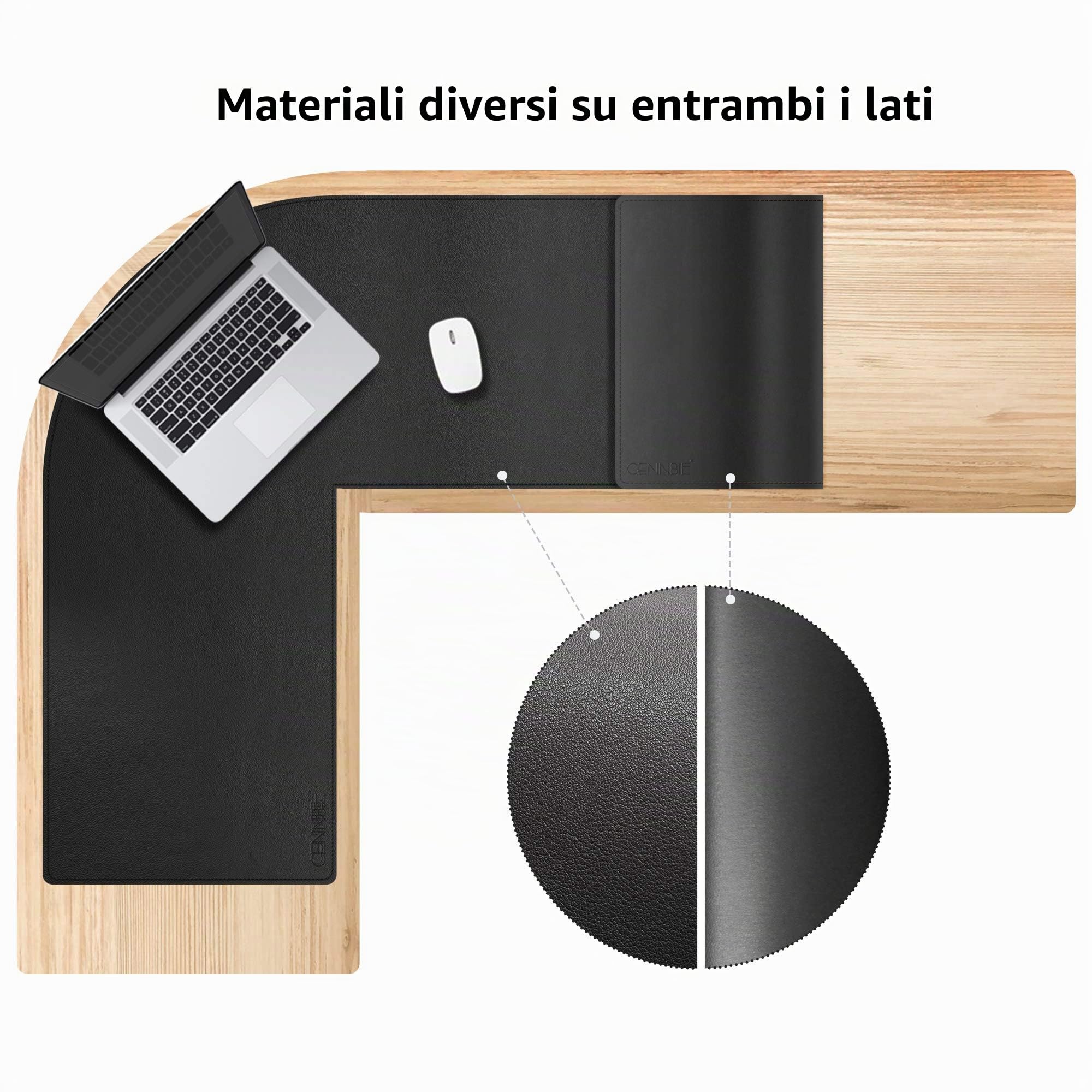 CENNBIE doppia faccia sottomano scrivania angolare,110x130x40cm Tappetino Scrivania pelle a forma di L,estesa tappetino mouse pelle impermeabile e antiscivolo ，per Casa/Ufficio(nero)