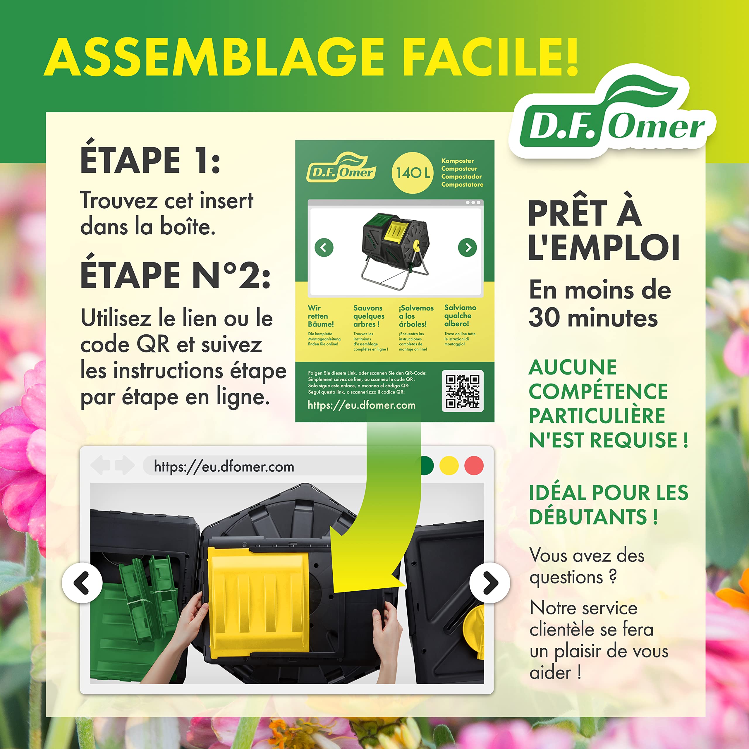 Composteur de Jardin Double Chambre DF OMER - Petit Composteur Rotatif avec système de Rotation Facile, 2 Portes coulissantes, Cadre en Acier Robuste - Toutes Saisons, sans BPA (18.5gal/70L)