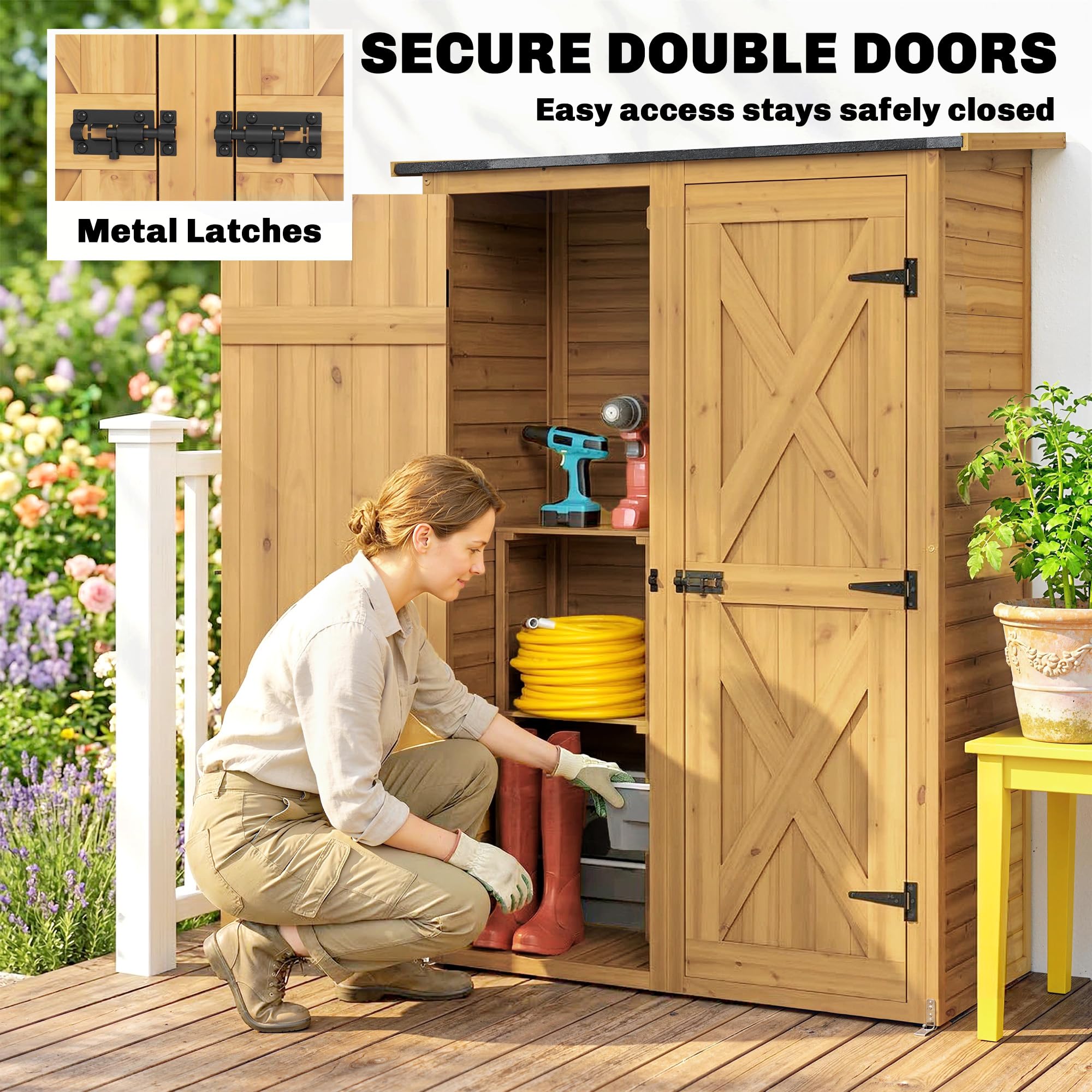 Outsunny Armadio da Giardino Legno Abete Casetta Attrezzi 2 Ripiani Doppia Porta Chiavistelli Tetto Inclinato 115x53x156 cm Marrone