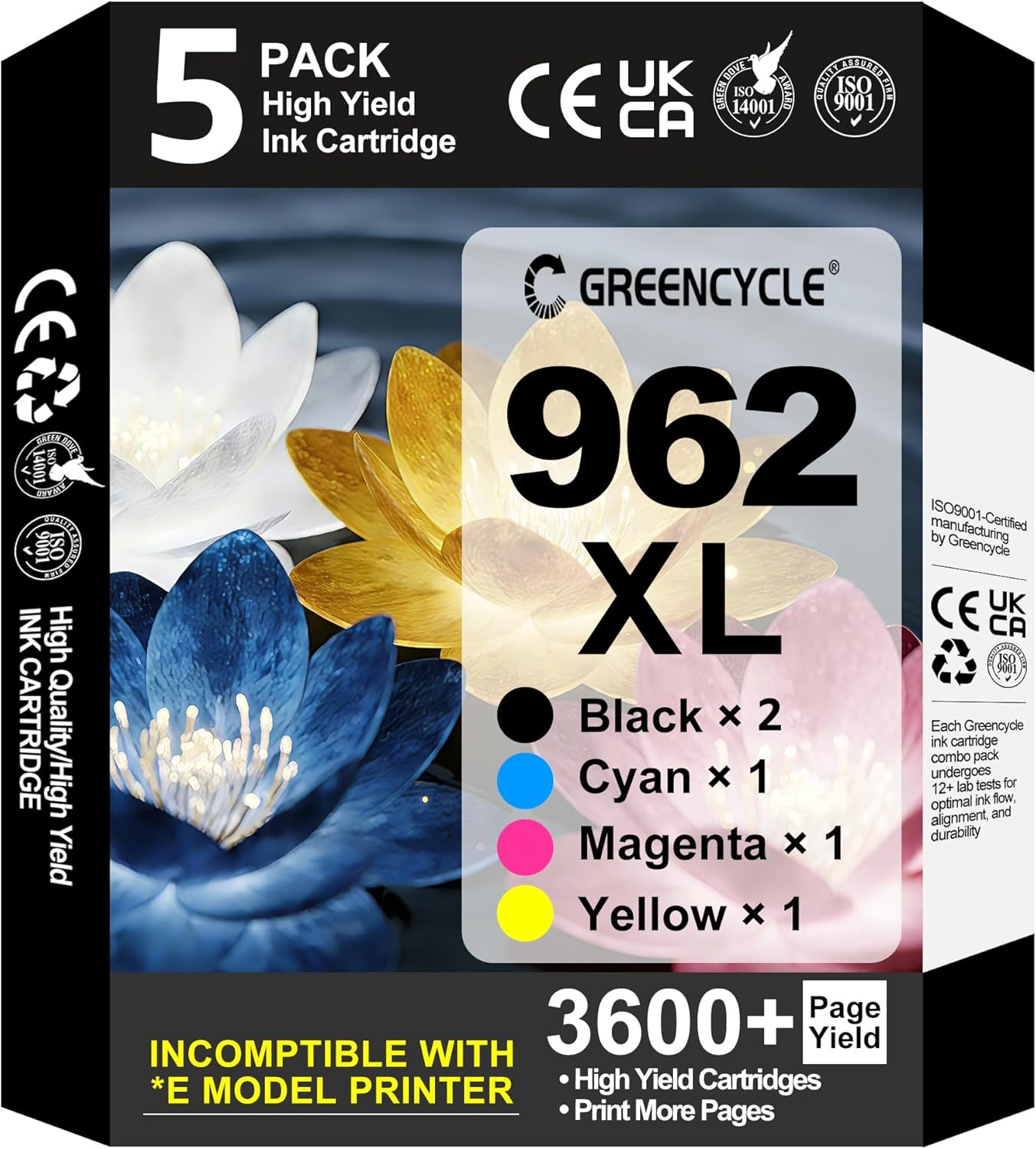 962XL Ink Cartridges for HP Printers Replacement for HP 962XL Ink Cartridges Combo Pack Black & Color 5 Pack Work for Non *e Printer-OfficeJet Pro 9010 9012 9014 9015 9016 9018 9019 9020