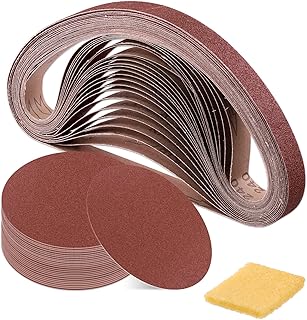 Glarks 49Pcs Sanding Belts and Sanding Discs Set Including 24Pcs 1 x 30 In 60/80/120/150/240/400 Grits Sanding Belts and 24Pcs 80/100/120/180/240/400 Grits Self Adhesive No-hole Sticky Sanding Discs