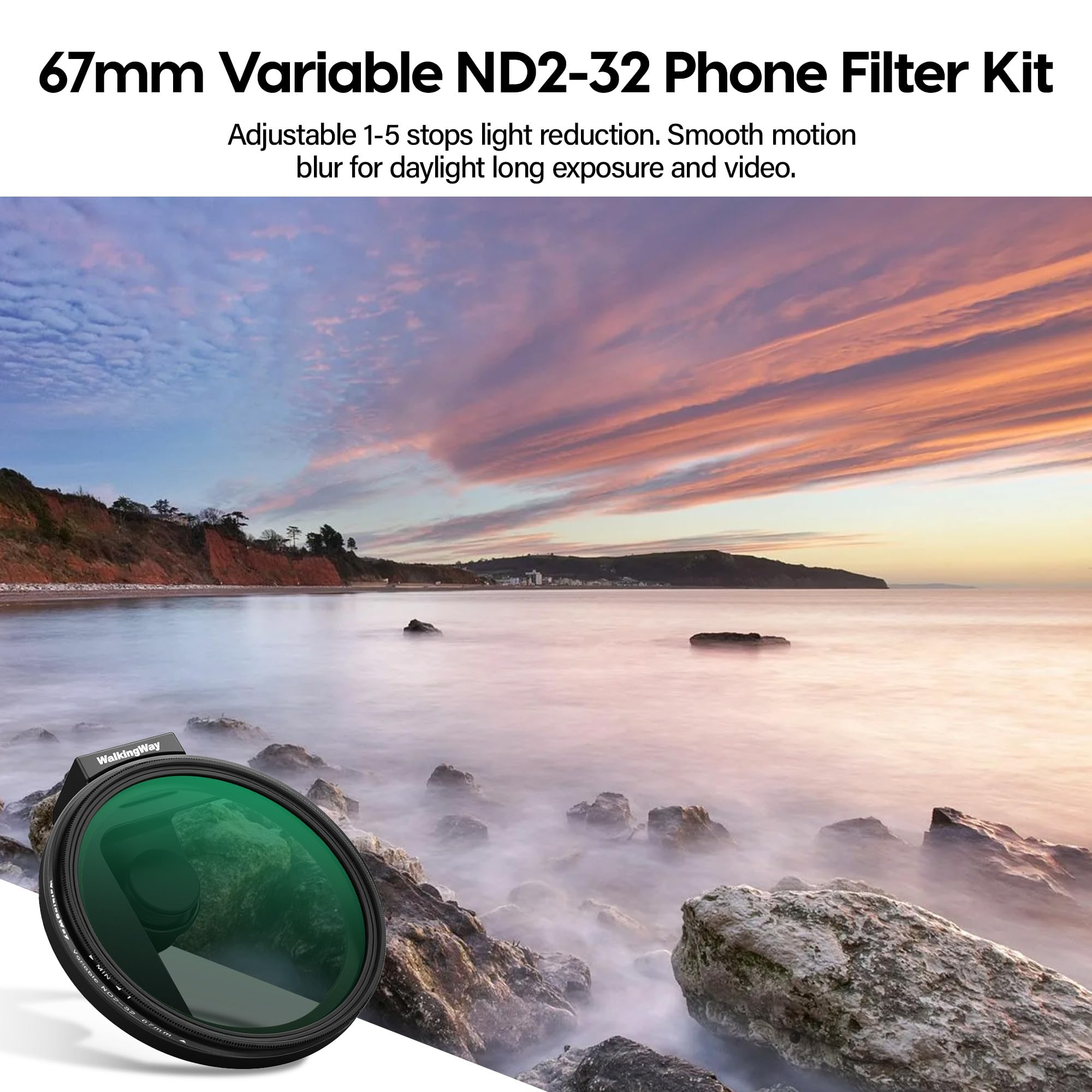 Walking Way Kit Filtro per Telefono 67mm – Clip Obiettivo Universale + Filtro Variabile ND2-32, Riduzione della Luce di 1-5 Stop con Slitta Fredda per Smartphone
