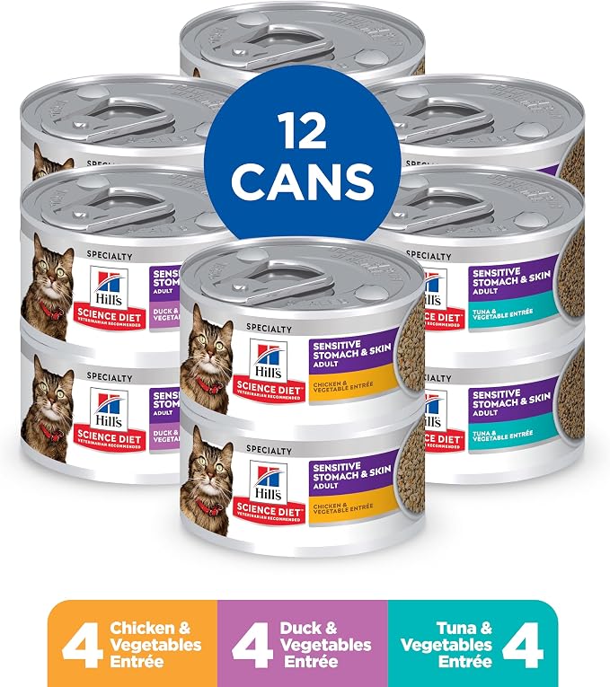 Alimentos húmedos para gatos adultos sensibles, variedad pollo, atún y pato, paquete de 12 latas de 2.9 oz miniatura 3