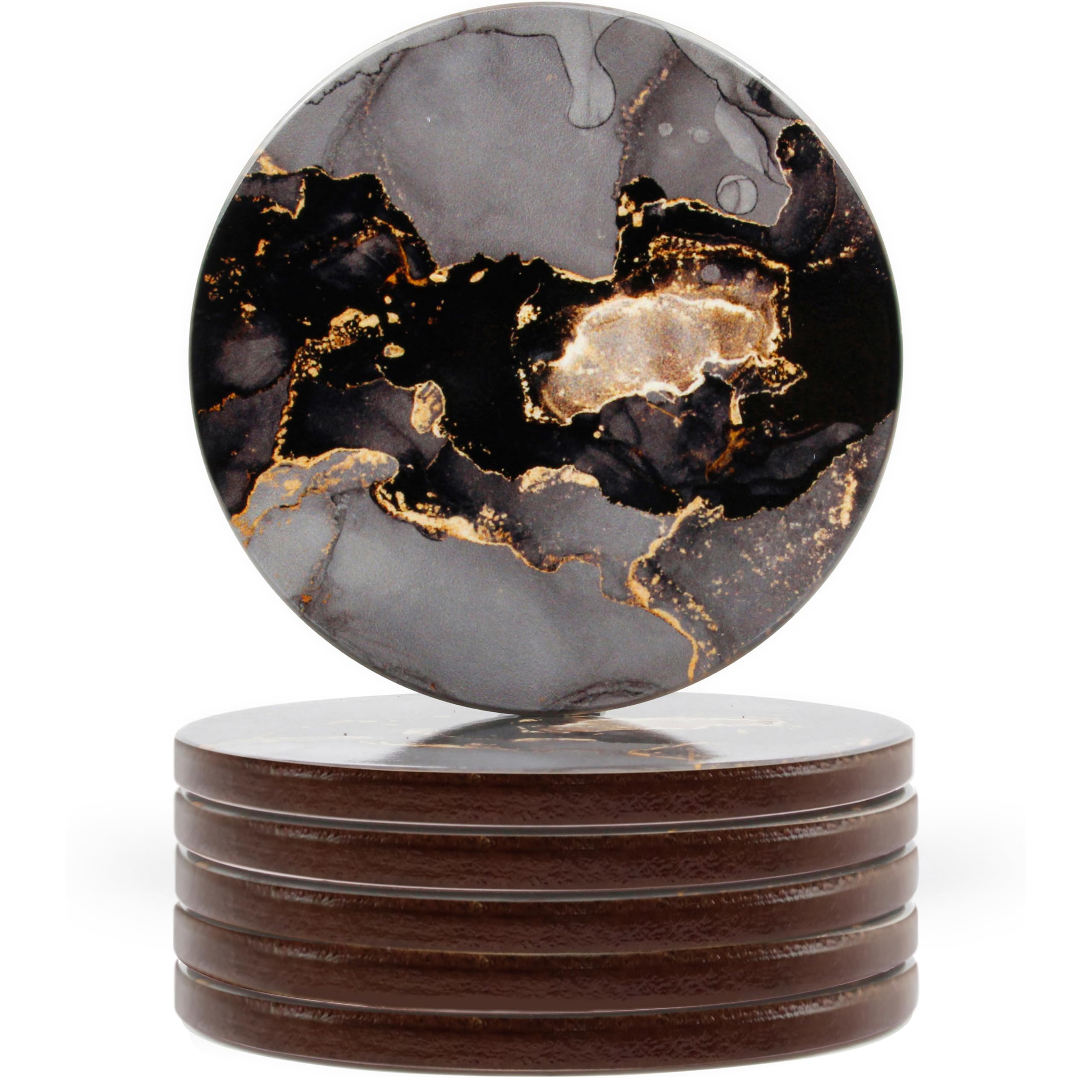 Naivasha Homeware Night - Gloss Finish Naivasha Homeware® Marble Print Cork Coasters - Set Of 6, Stunning Decorative Coasters In Gloss Finish, Elegant With Cork Bottom - Night Design