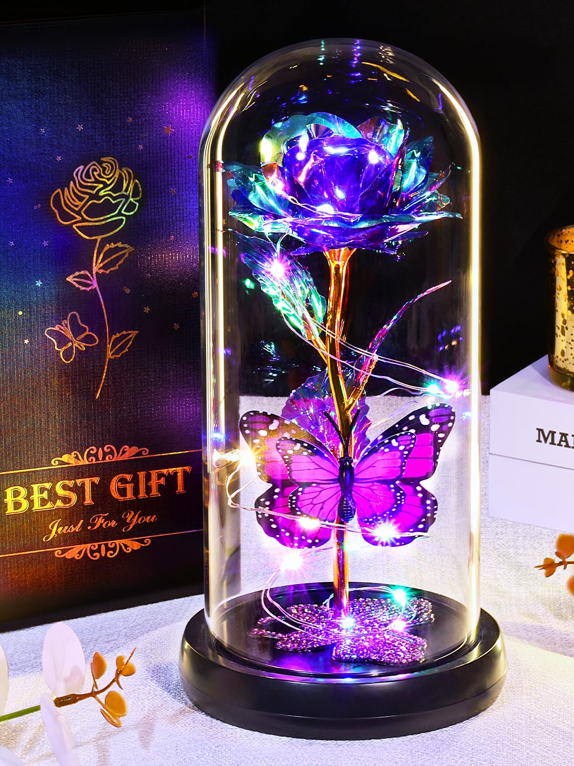 Mothers Day Galaxy Rose Gifts for Mum, Mother's Day Colorful Rose Gifts, Mothers Day Birthday Presents Light Up Rose in Glass Dome for Mum Wife Daughter Sparkling Rhinestone Butterfly for Mothersday