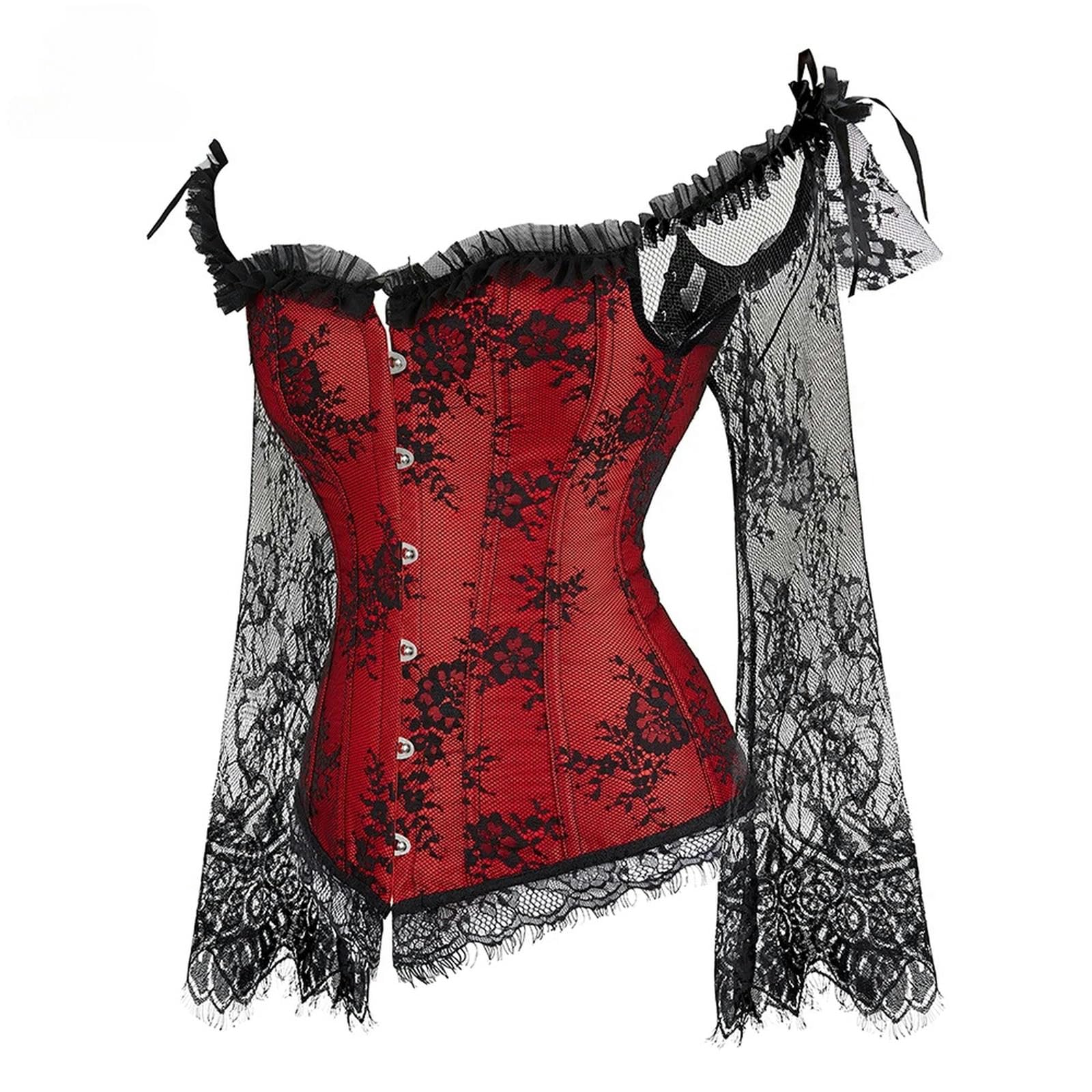 HAAR Top Bustier Aderente Corset Top Bustier Lingerie Donne Con Maniche Lunghe Plus Size Pizzo Floreale Sexy Costumi Rosso Nero