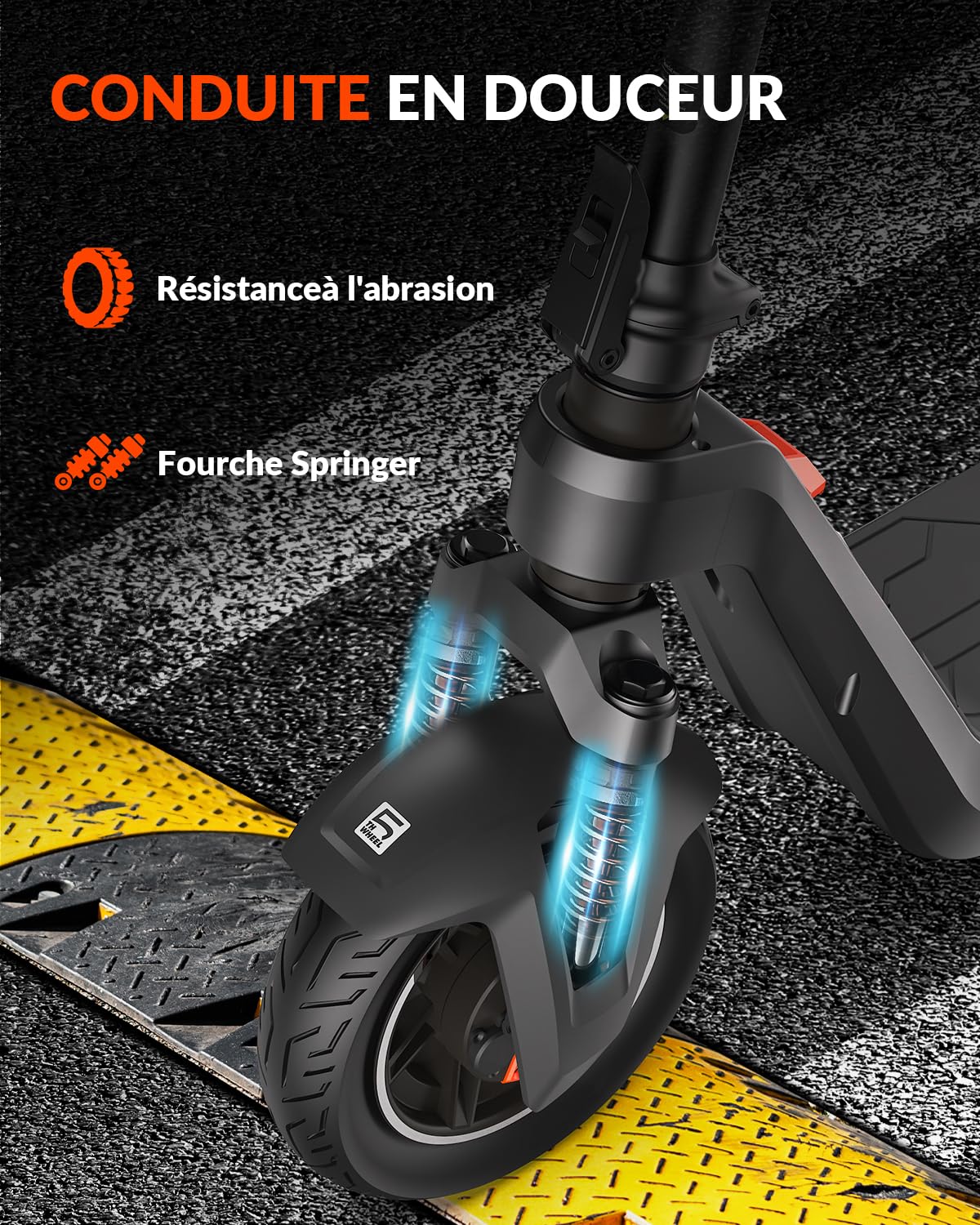5TH WHEEL ES15 Trotinette électrique Adulte, Moteur jusqu'à 1200W/25km/h, 65KM Autonomie, Pneus Tubeless 11", Trotinette électrique Pliable avec Suspension Avant, App, Triple Freinage, Charge 150kg