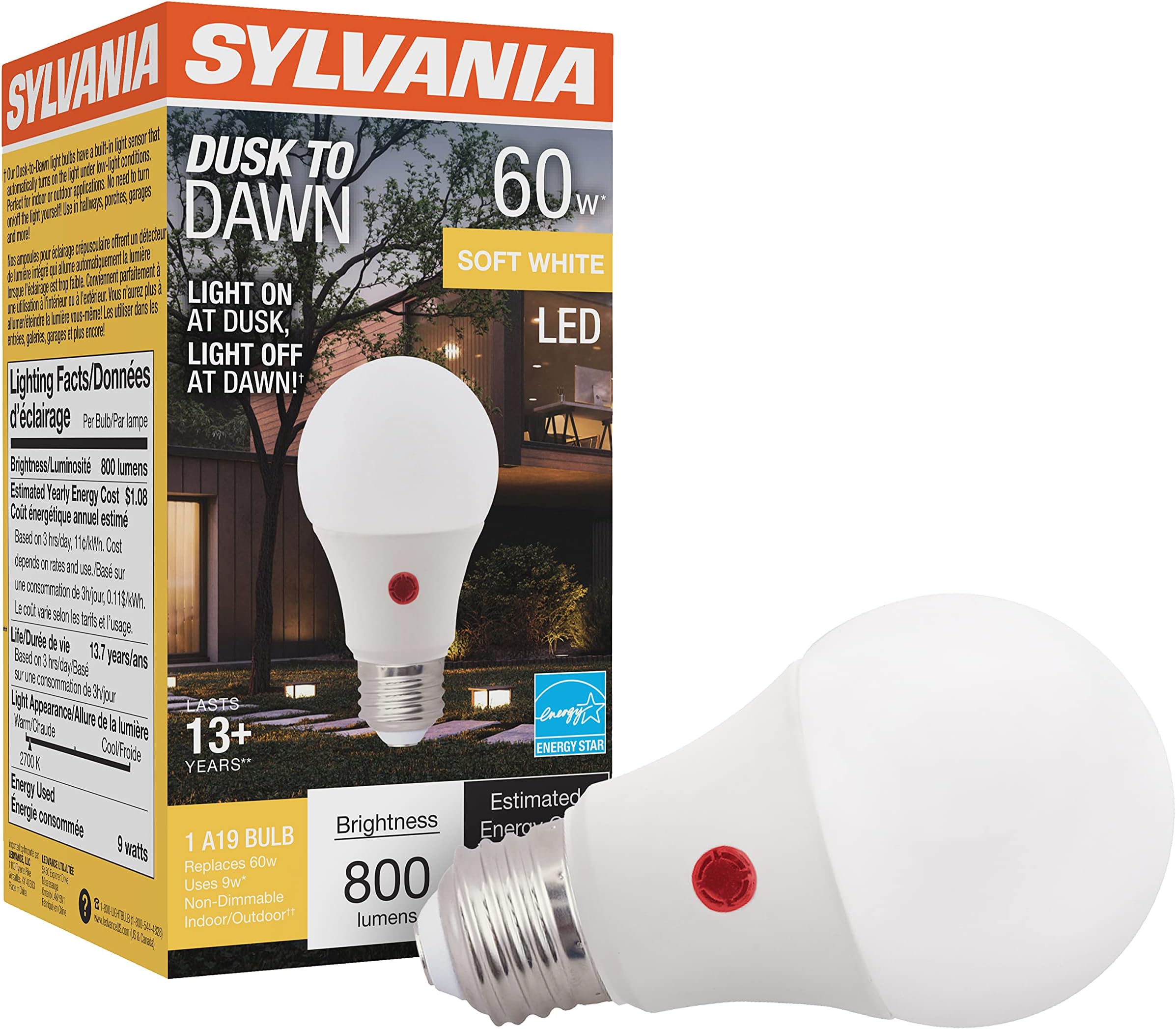LEDVANCE SYLVANIA Dusk to Dawn A19 LED Light Bulb with Auto On/Off Light Sensor, 60W=9W, 800 Lumens, 2700K, Soft White - 1 Pack (41288)