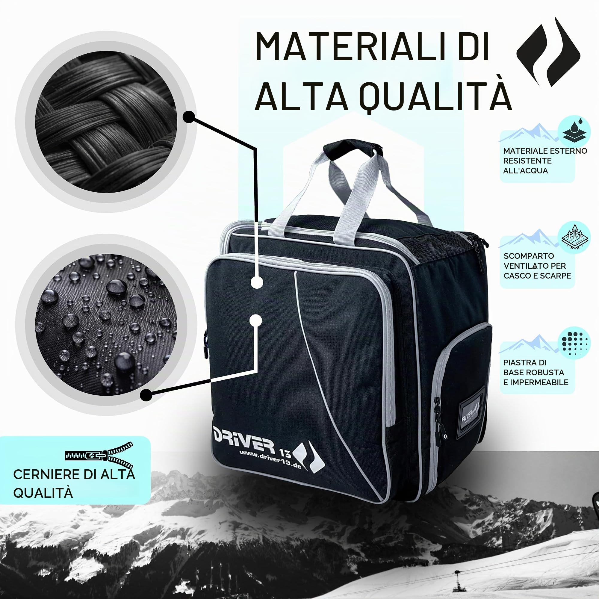 Driver13 zaino porta scarponi da sci con scomparto casco, bootbag per scarponi da sci e boots snowboard, dimensioni 40 x 28 x 44 cm, nero/grigio