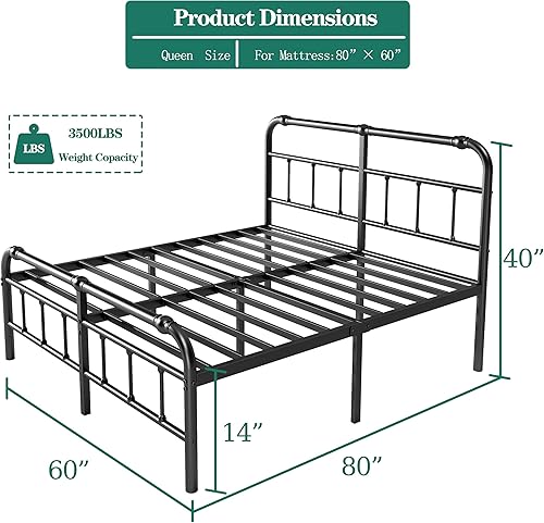 Miniatura 2 de Marco de cama de metal de tamaño Queen de 14 pulgadas de alto, no necesita somier, plataforma con cabecero y estribo, soporte resistente de 3500