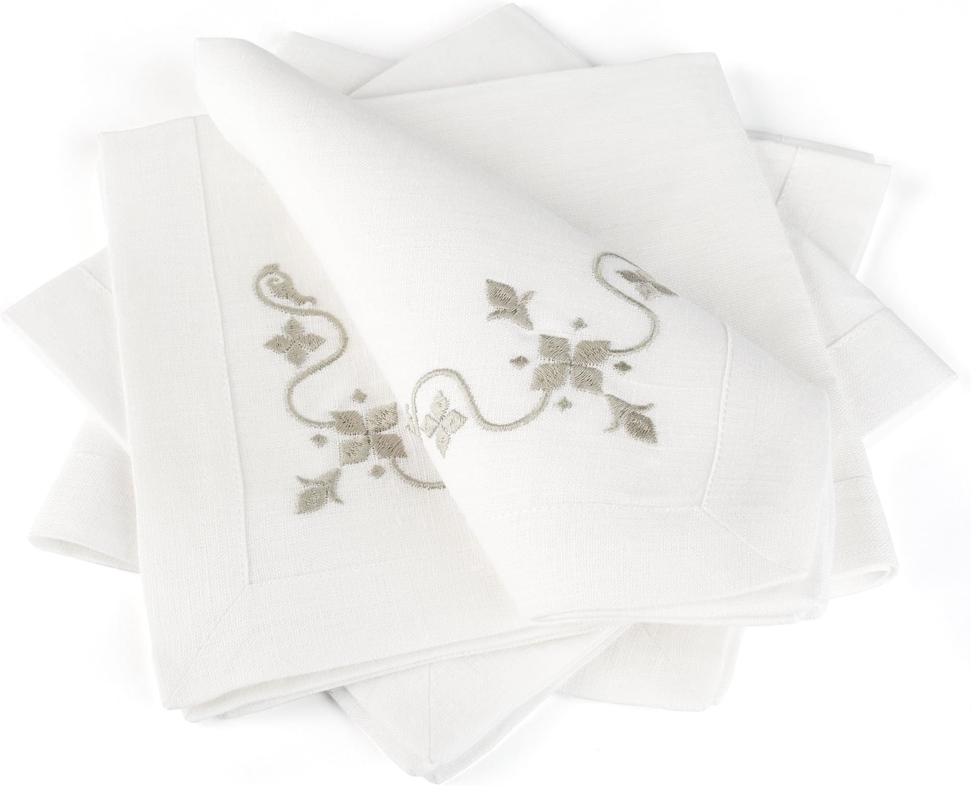 Pure Linen Napkins Set (4 pcs) with Embroidery / 40x40 cm (16"x16") / Organic Linen / White / Symphony / 100% Linen