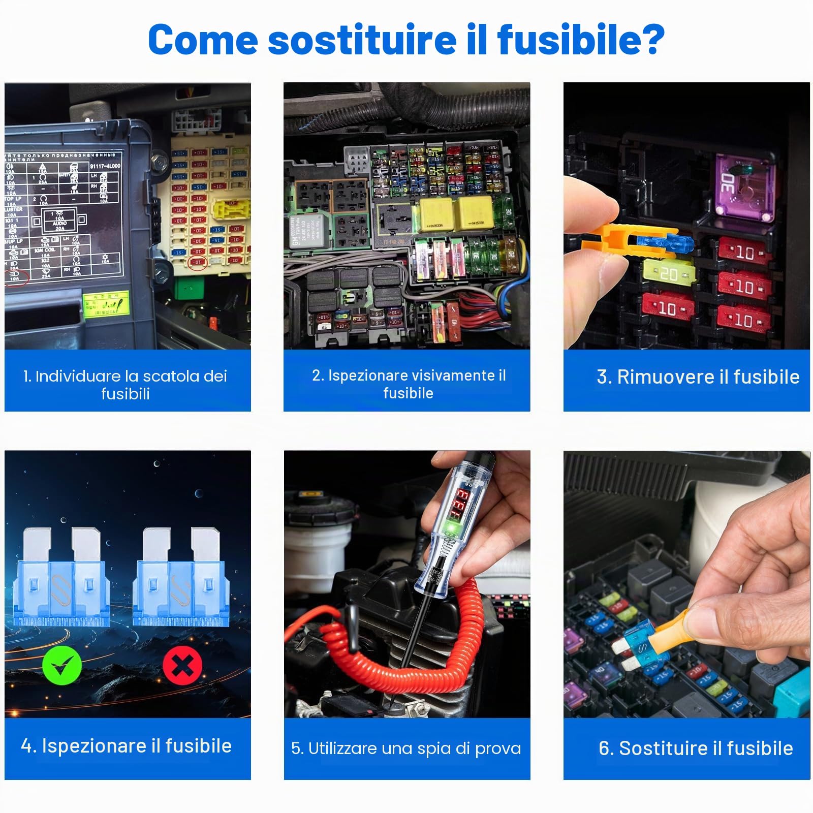 Fusibili Tester per Circuiti Auto, 2,5-32 V Tester per Circuiti Elettrici con Display Digitale a LED, 10 Tipi di Fusibili per Auto per Circuiti, Interruttori