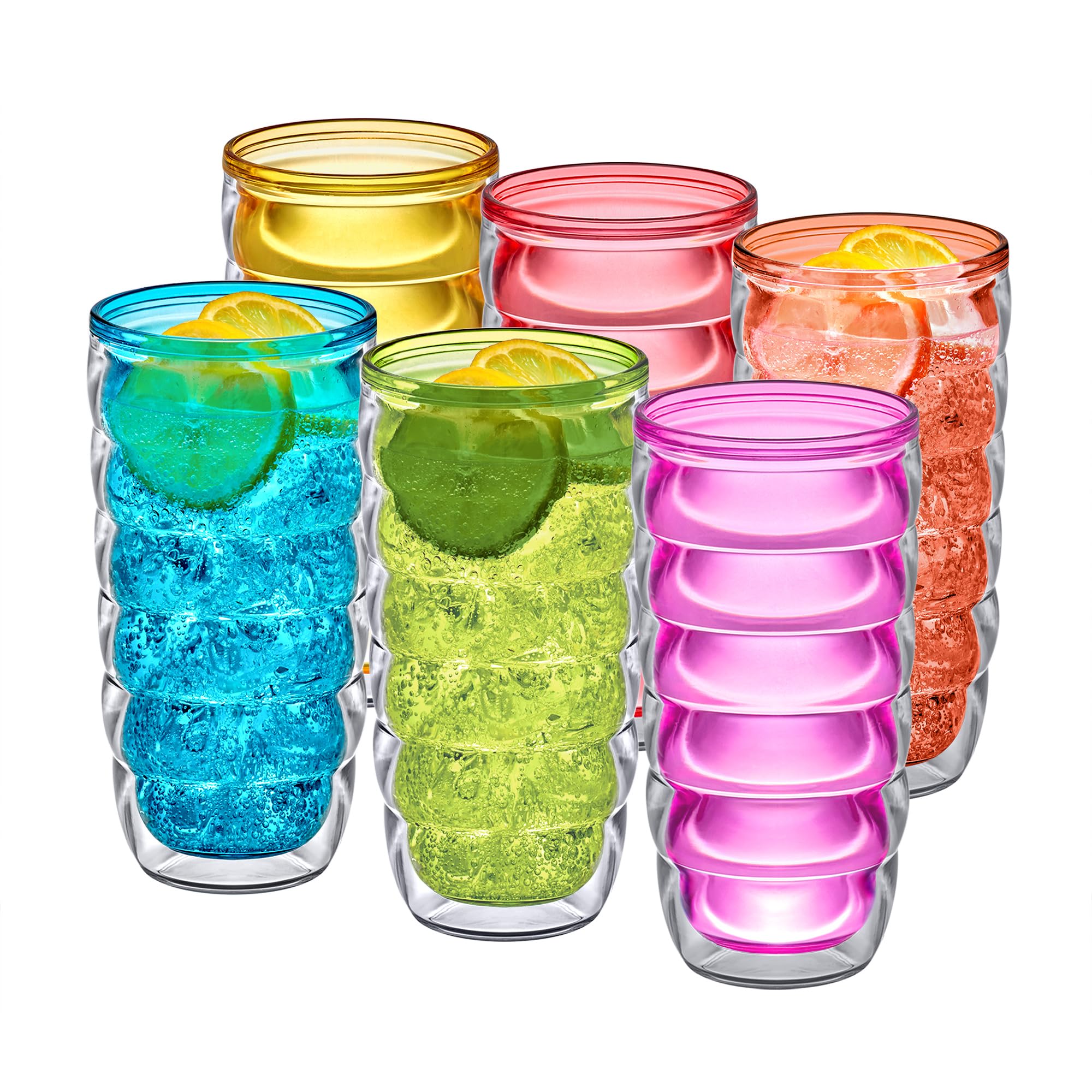 Amazing Abby - Arctic - 24-Ounce Insulated Plastic Tumblers Set of 6 Double-Wall Plastic Drinking Glasses Mixed-Color Reusable