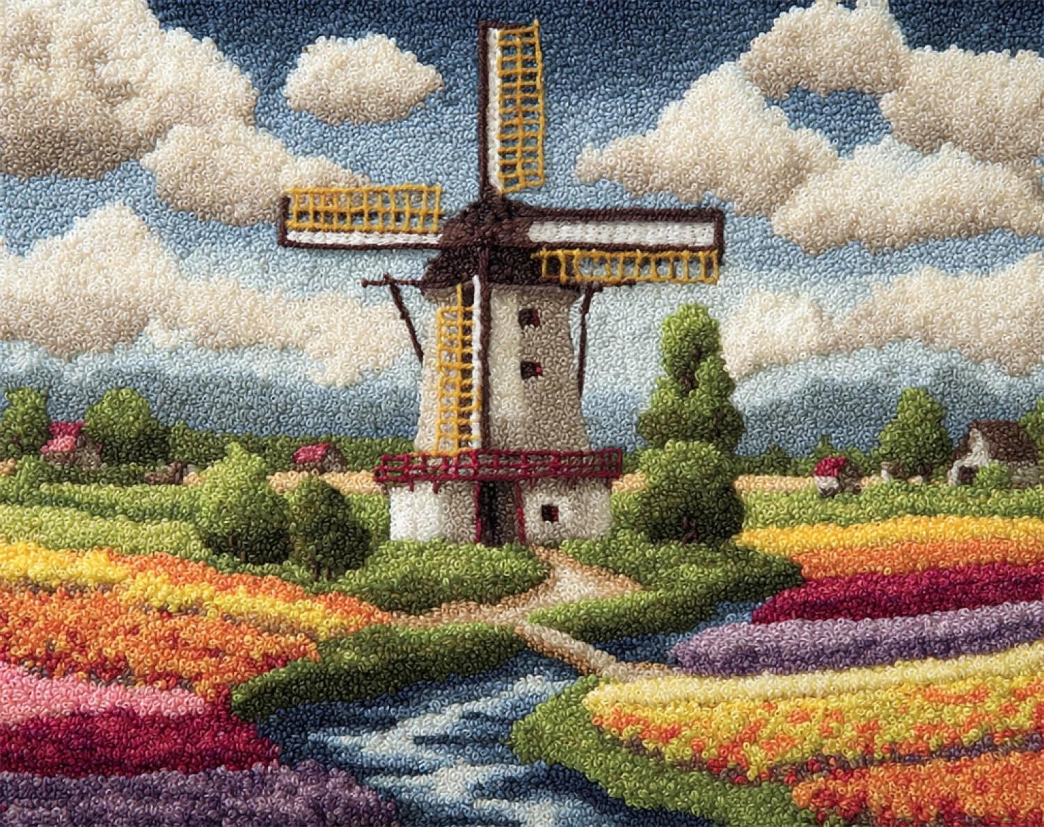 Henypt DIY Latch Hook Rug Kit Flower Field Windmill 52x38cm