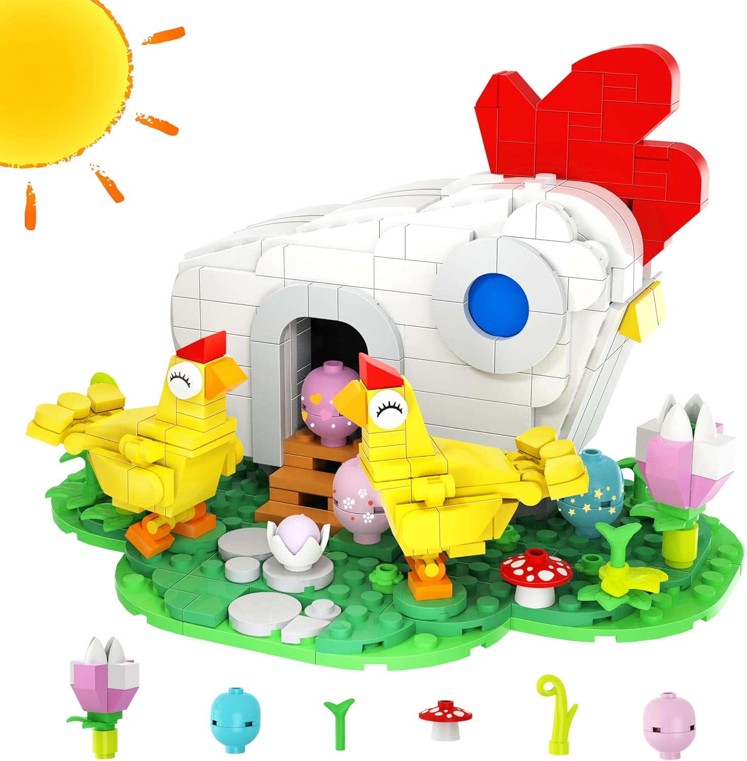 Easter Chicks Farm Henhouse Building Kit, Easter Gifts for Boys Girls Age 6+, Easter Basket Stuffers Easter Egg Fillers, Easter Toys for Kids Easter Eggs Flowers Building Brick 469PCS