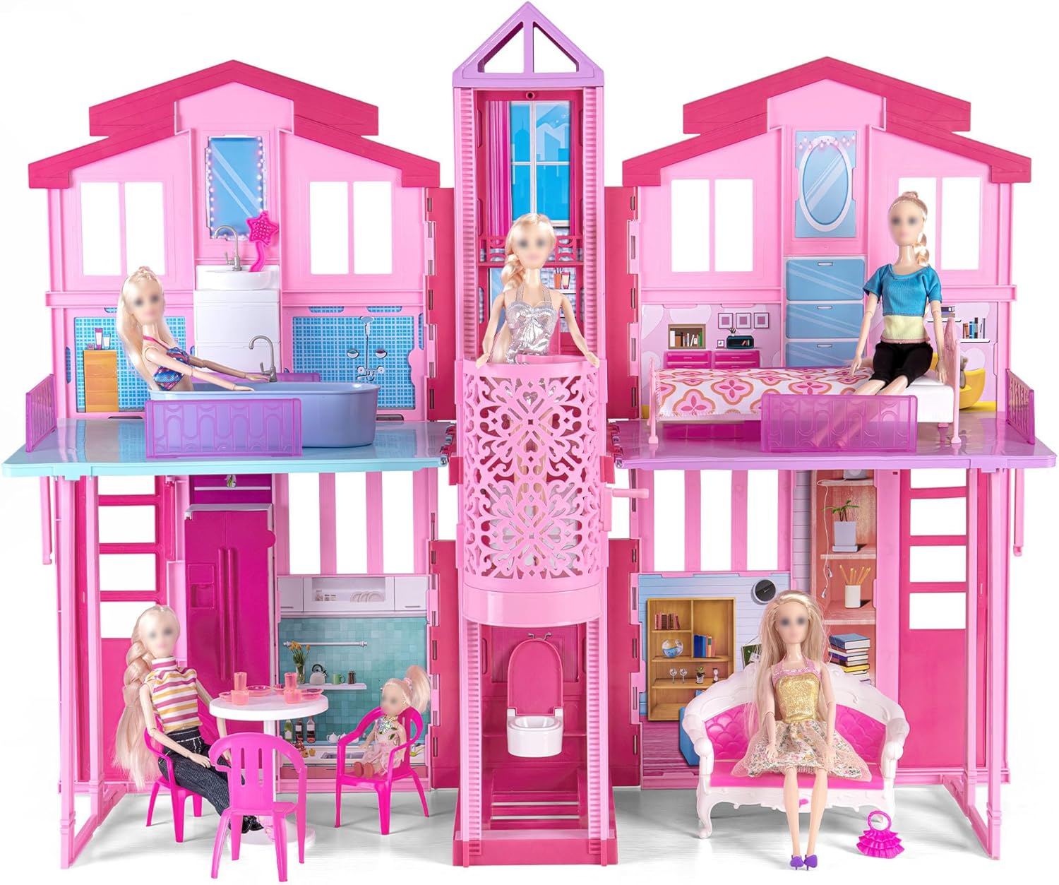 My Dreamy Doll House, 36'' Large Dollhouse Playhouse with Large Rooms & Big Furnitures, Including Elevator, Foldable Dolls House Toys Gifts for Girls Kids Ages 3+
