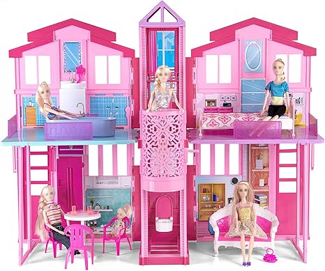 My Dreamy Doll House, 36'' Large Dollhouse Playhouse with Large Rooms & Big Furnitures, Including Elevator, Foldable Dolls House Toys Gifts for Girls Kids Ages 3+