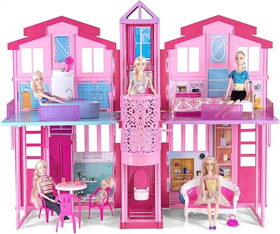My Dreamy Doll House, 36'' Large Dollhouse Playhouse with Large Rooms & Big Furnitures, Including Elevator, Foldable Dolls House Toys Gifts for Girls Kids Ages 3+