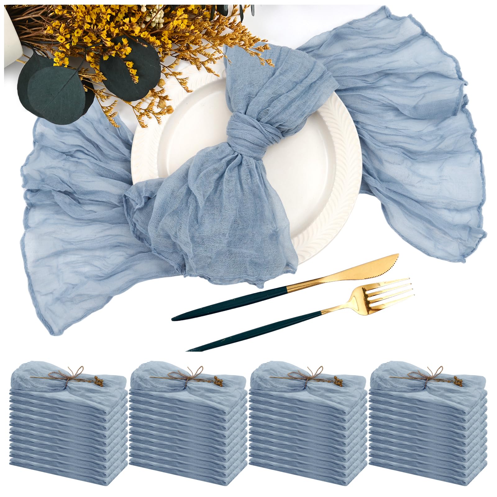 Teruntrue 42 Packs Dusty Blue Cloth 50x50 cm Grey Blue Gauze Cheesecloth Wrinkled Dinner, Rustic Boho Linen Soft Cotton Cloth for Wedding Party Event Dinner Table Decoration