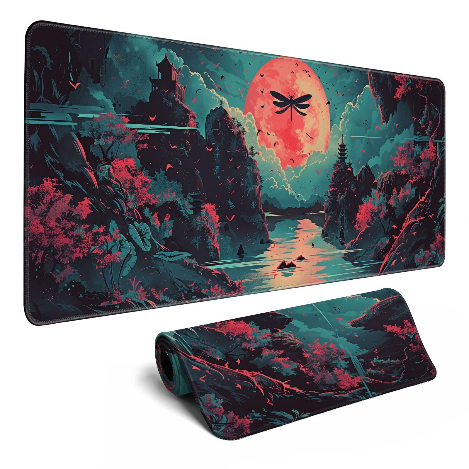 Japanese Desk Mat Riverside Full Moon Desk Pad Psychedelic Mlarge Mouse Pad Dragonfly Gaming Mousepad Extended XL Keyboard Pad 31.5 x 11.8 in Laptop Computer Mouse Keyboard Mat for Office Desk Decor