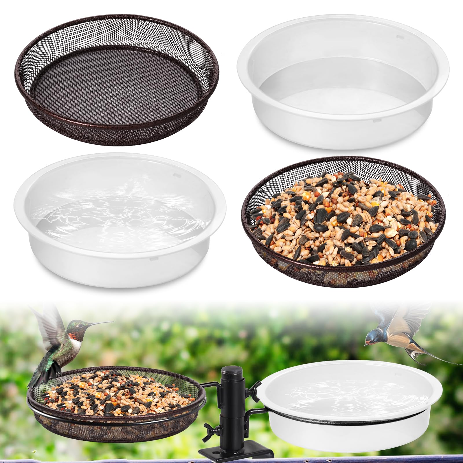 4pcs Metal Round Bird Feeder Tray and Bird Bath Tray for Garden, Wild Birds Seed Feeder Solid Feeding Mesh Accessory for Outdoor, Not Include Mounting Bracket