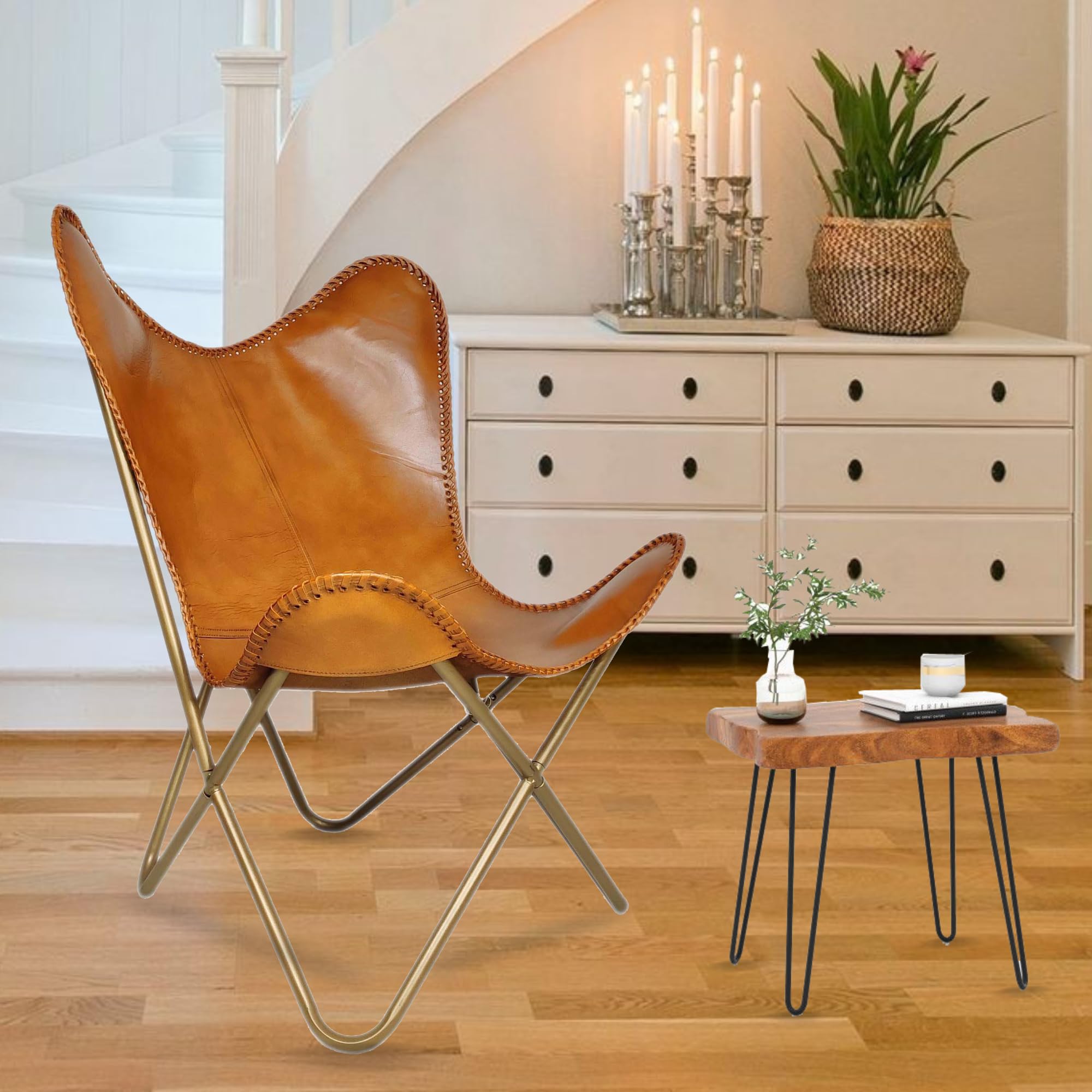 Camle Color Leather Butterfly Chair Living Room Chair Accent Chairs armless Chair Leather Chair with Golden Metal Base (Iron Frame with Brown Antique Cover).