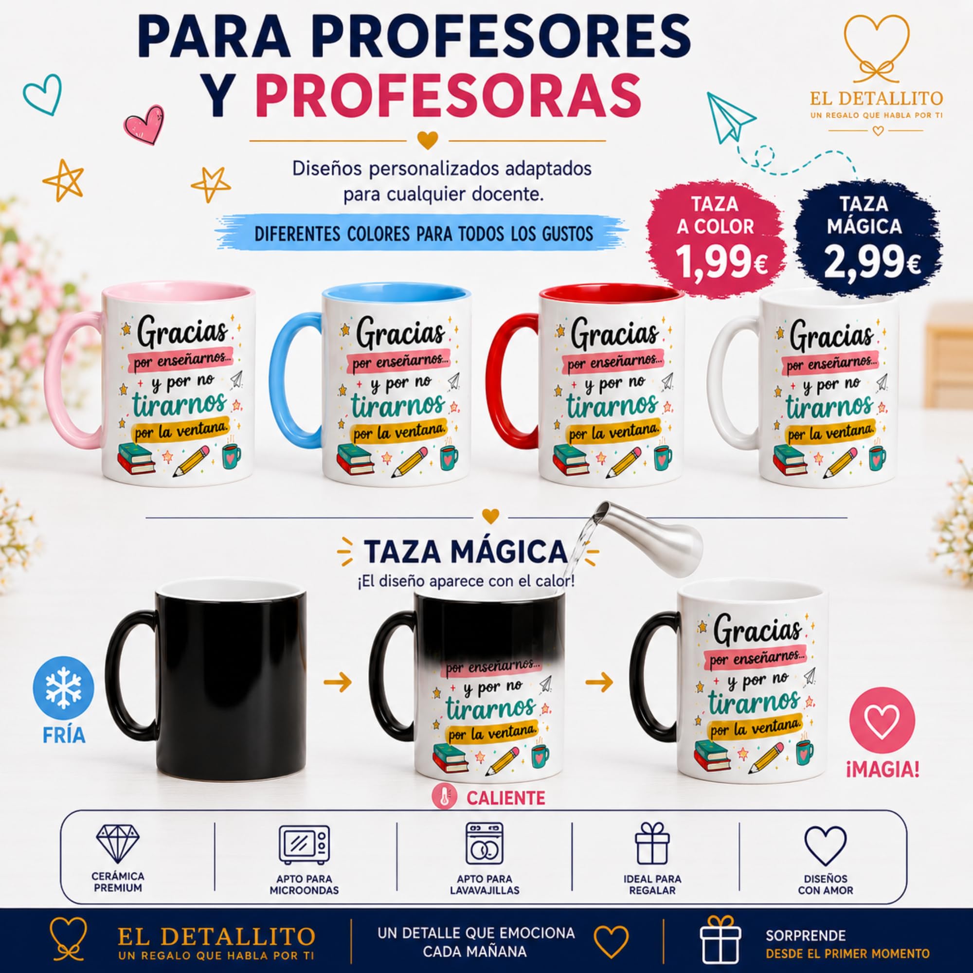 El Detallito & Tú Taza Personalizada Para Profesores Regalo Fin De Curso Recuerdo Emotivo Para Maestros Detalle De Alumnos Y Padres Cerámica Cafe (GRACIAS POR ENSEÑARNOS Y NO TIRARNOS POR LA VENTANA)