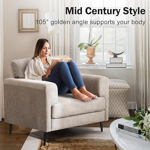 Miniatura 3 de Silla decorativa de gran tamaño, sillas tapizadas para sala de estar, sofá individual con patas de metal, cómoda silla de lectura de tela de lino