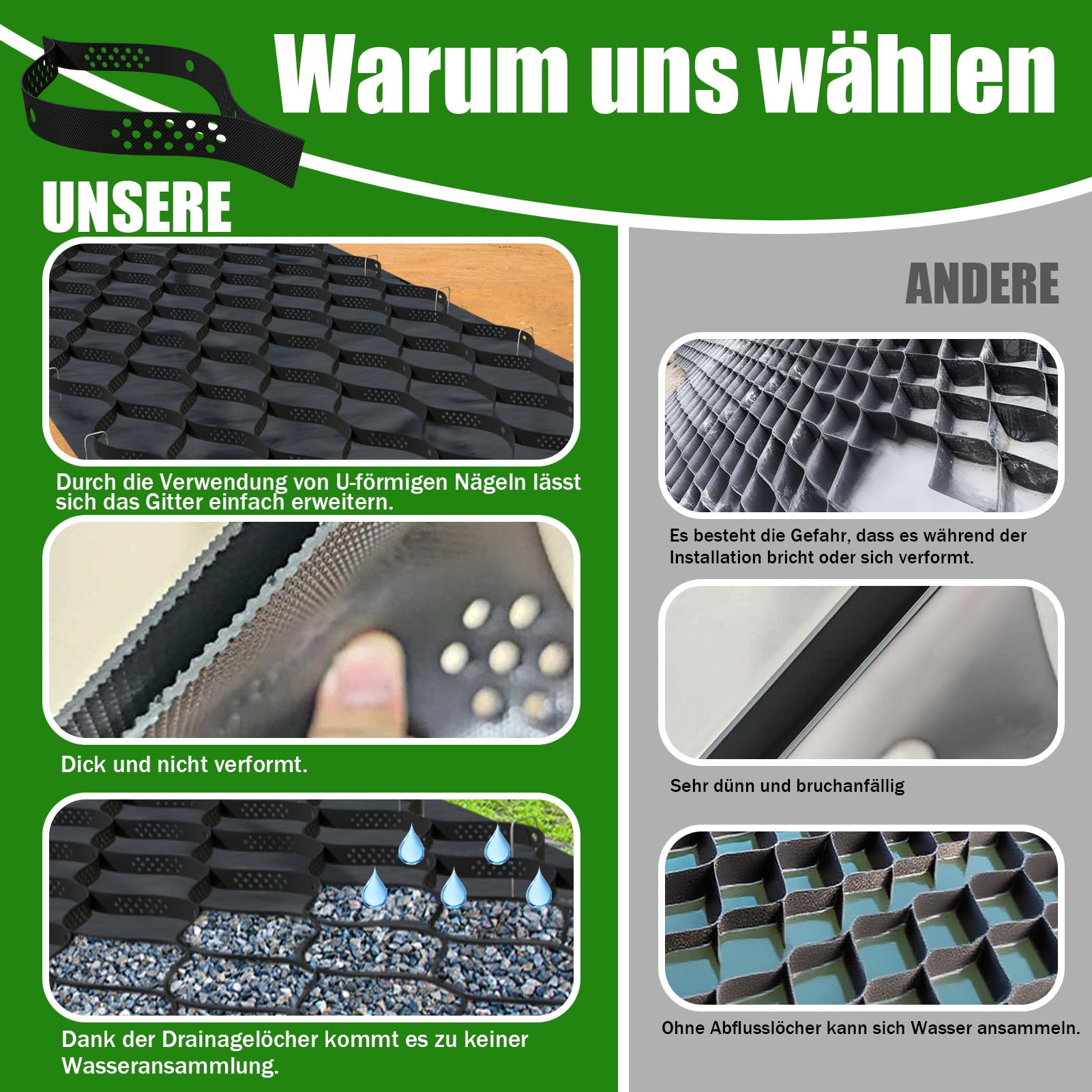 5 cm Dickes Kies-Bodengitter, 2 x 5 m – Geogitter-Gitter zur Stabilisierung von Einfahrten, Kies-Haltegitter, 800 kg pro Quadratfuß, Geocell-Geogitter für Gehwege, Wohnmobil-Parkplätze