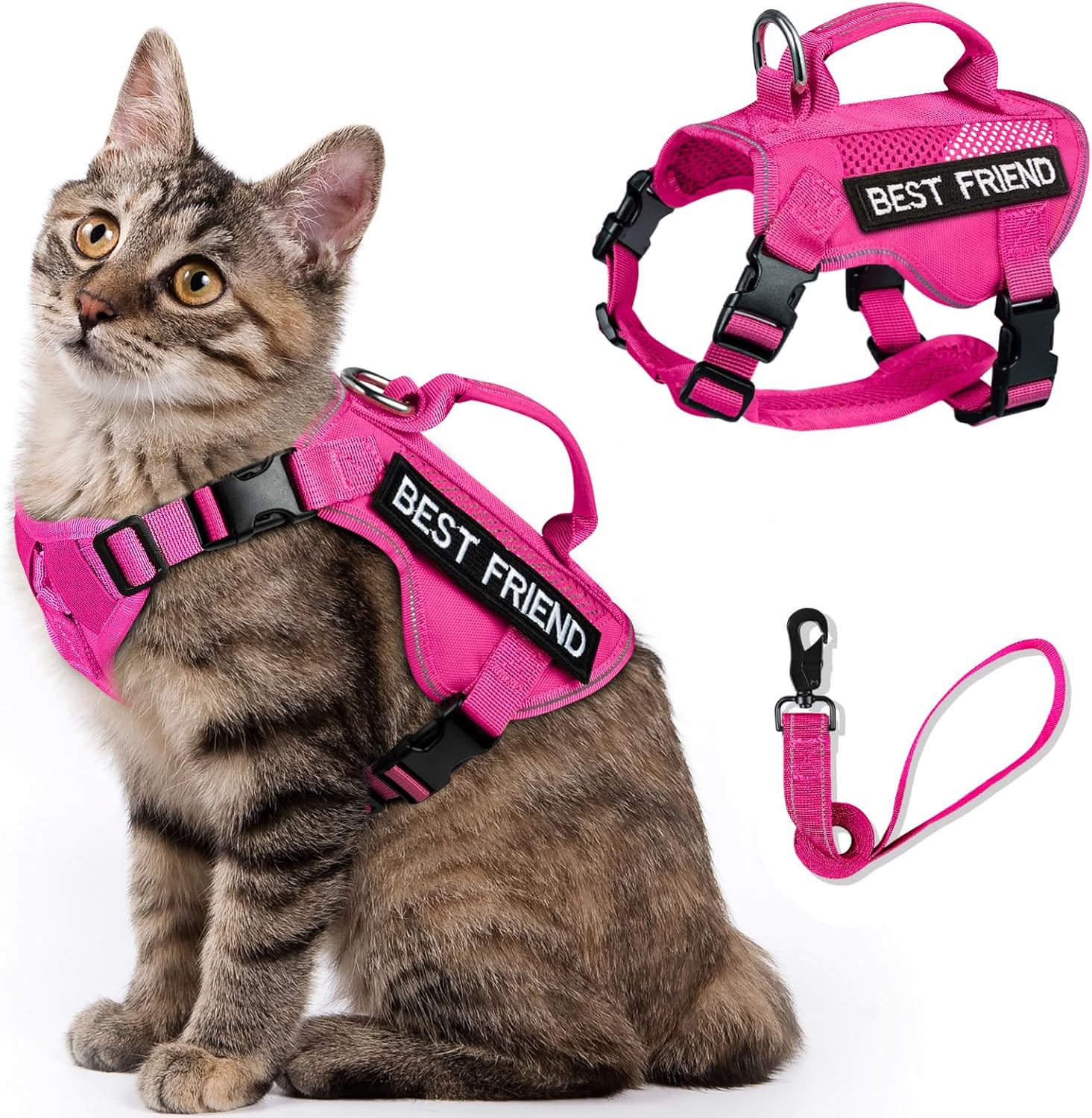 Large Tactical Cat Harness Leash, Air Mesh Adult Cat Walking Vest Harness Escape Proof with Handle, Reflective (APink, XL)