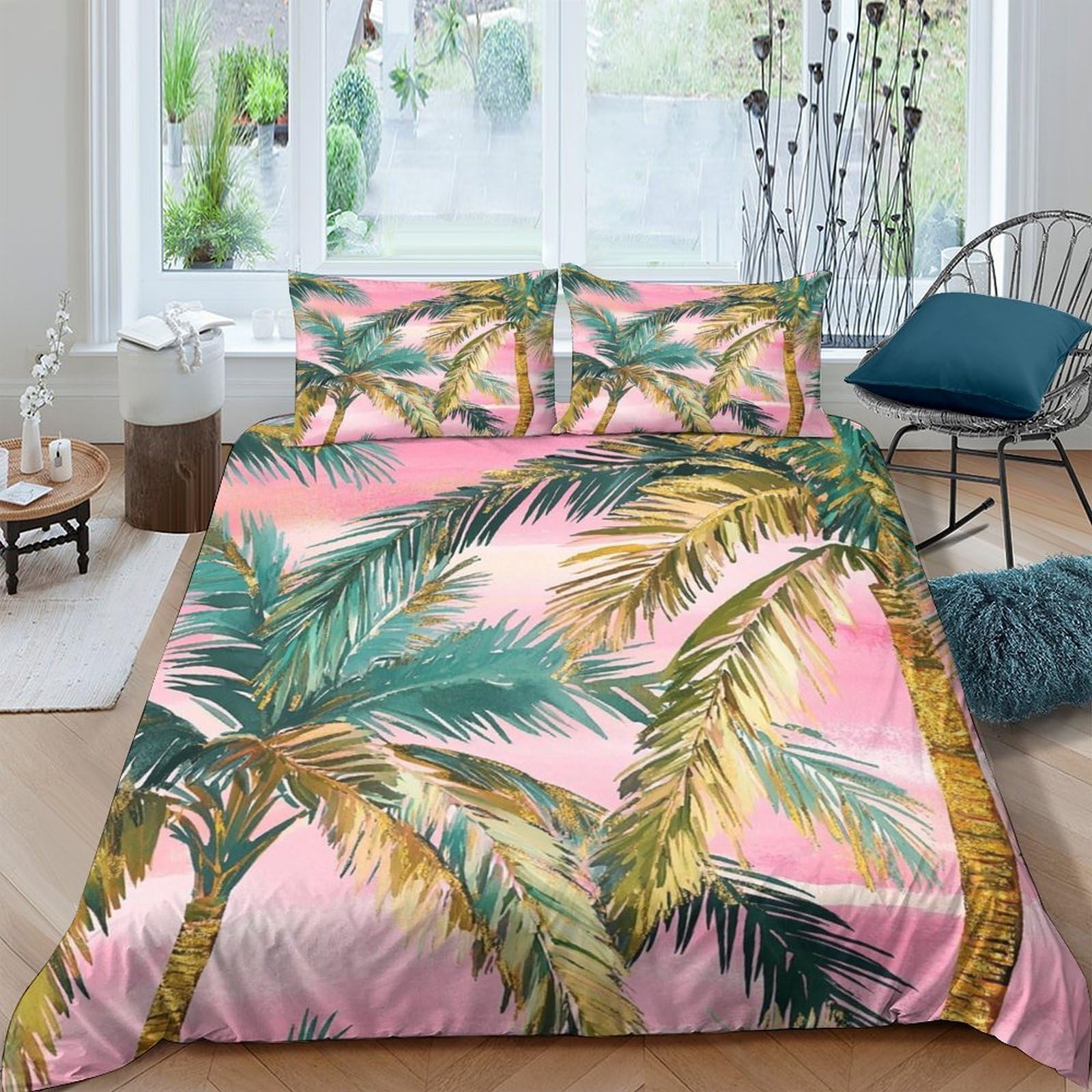 TUFRTGYHN 3D Printed Tropical Palm Leaves Duvet Cover Set Microfiber Soft Breathable Sunset Pink Quilt Cover with 2 Pillowcases for Bedroom Home Decor Single（135x200cm）